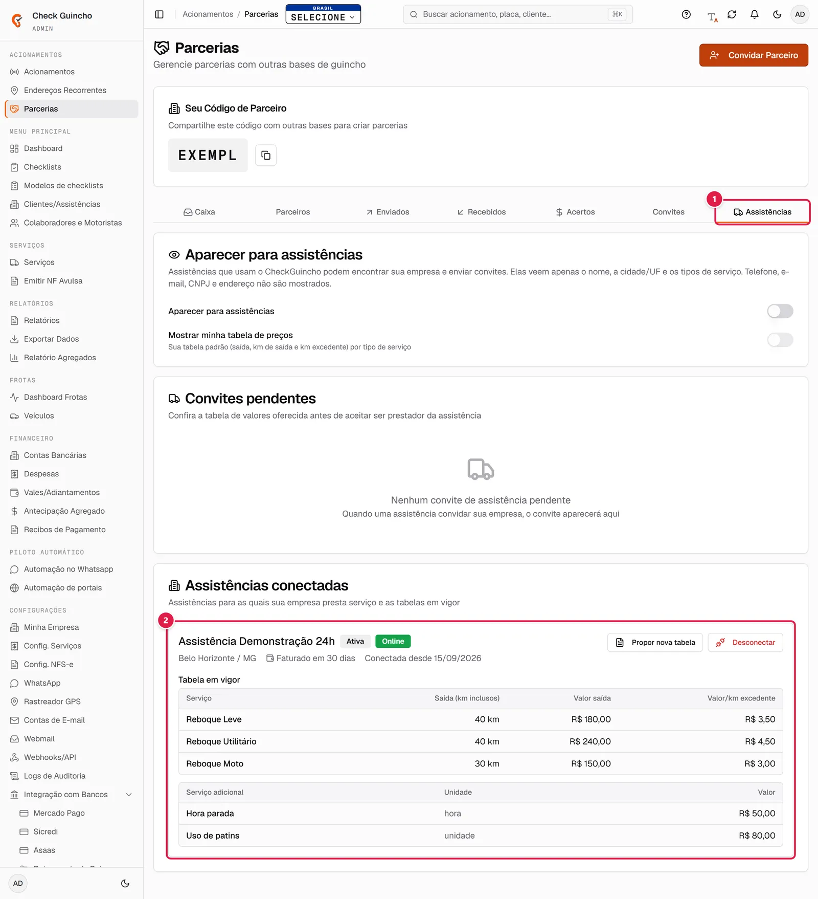 Aba Assistências com as assistências conectadas