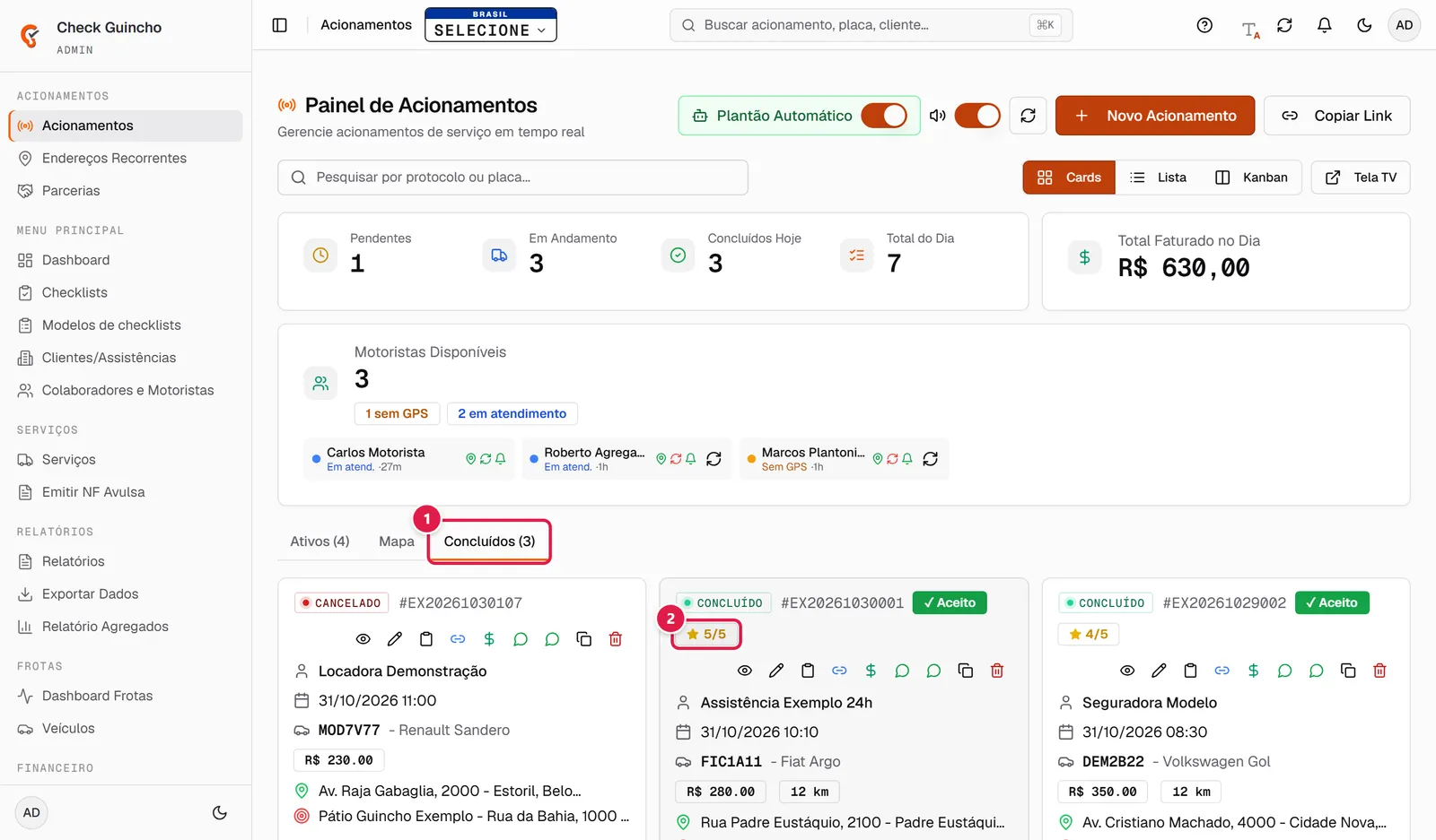 Aba Concluídos do Painel de Acionamentos