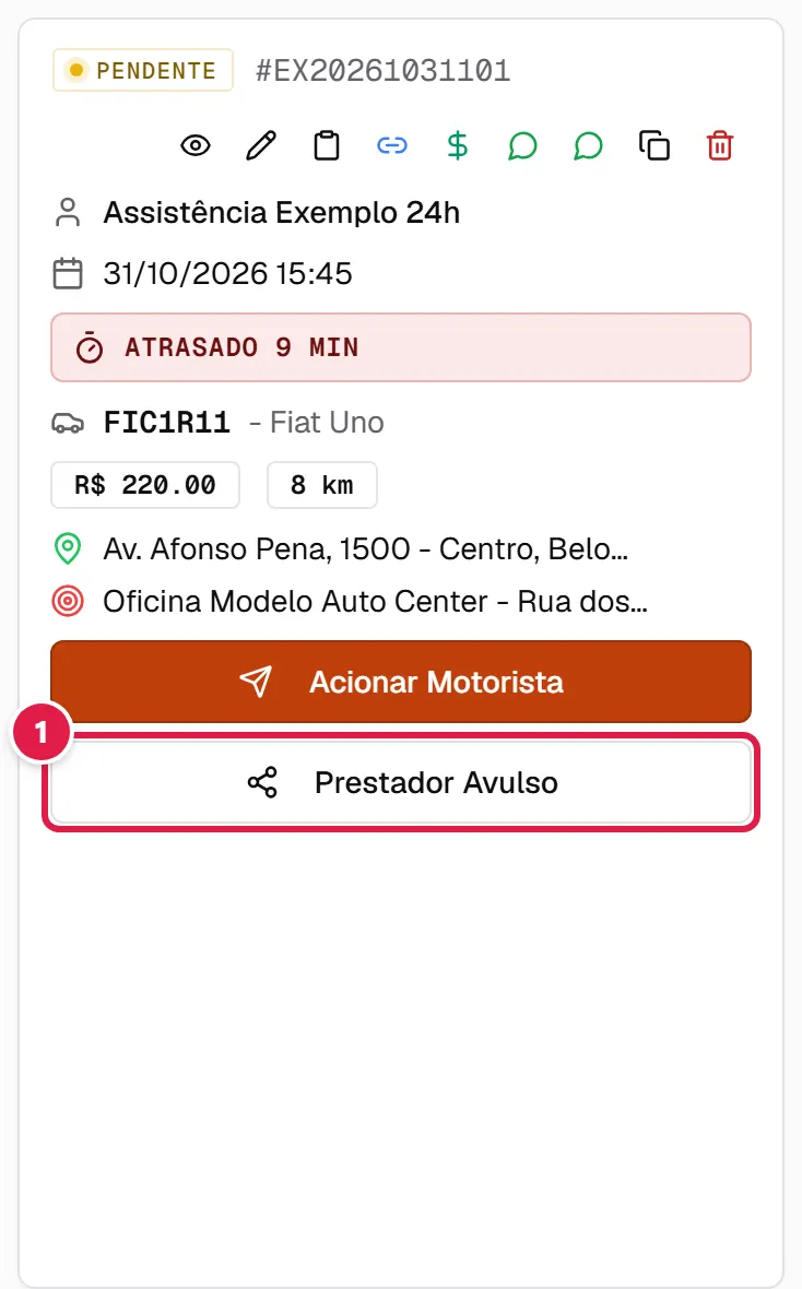 Botão Prestador Avulso no cartão do acionamento