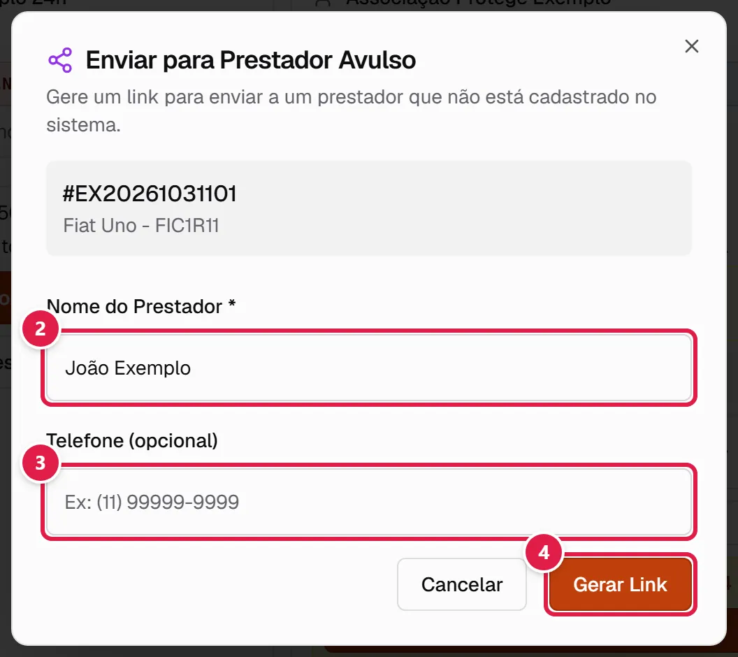 Janela Enviar para Prestador Avulso