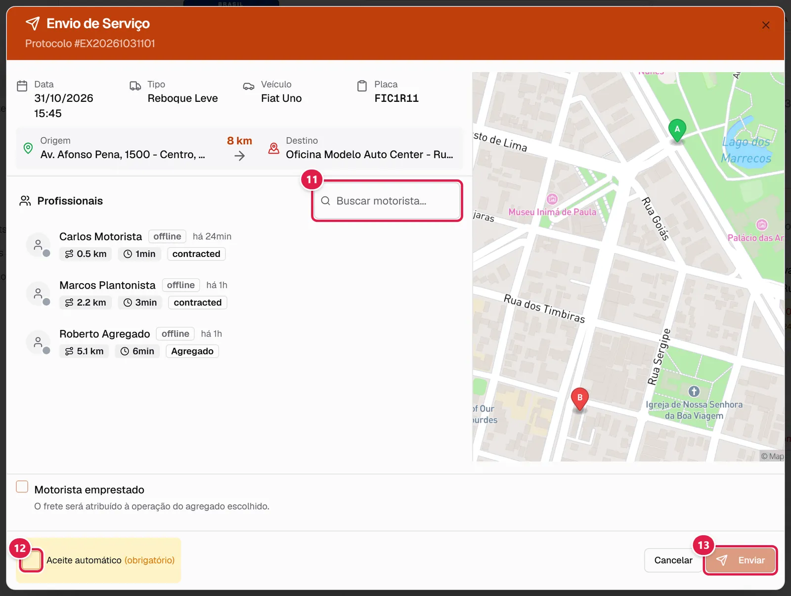 Janela de envio do serviço com lista de motoristas