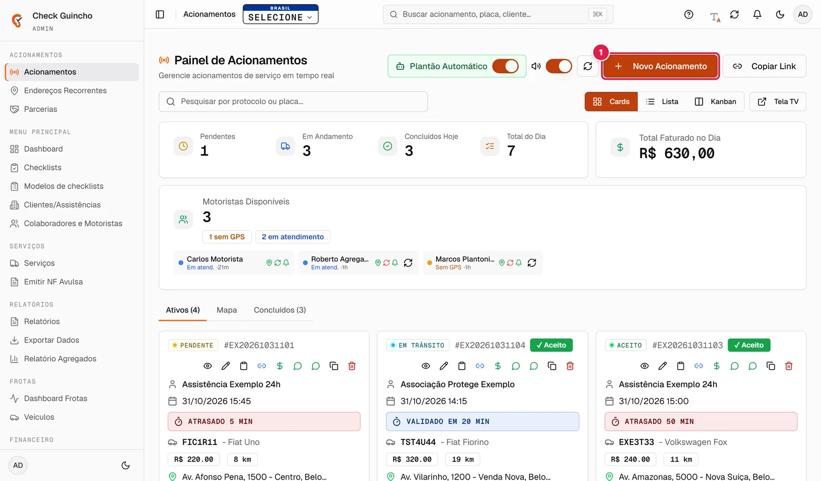Botão Novo Acionamento no Painel de Acionamentos