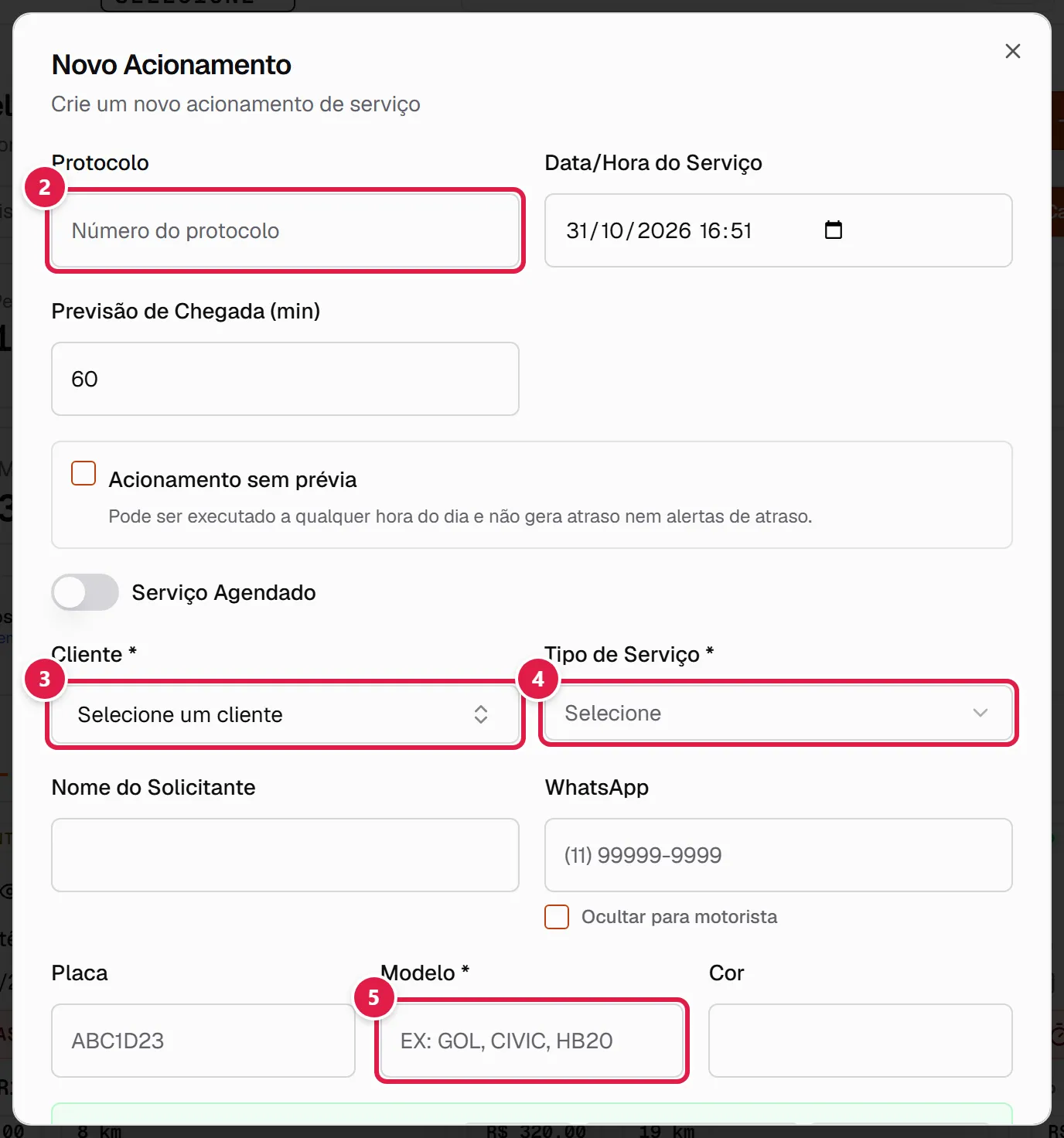Formulário de novo acionamento com protocolo, cliente, tipo de serviço e modelo
