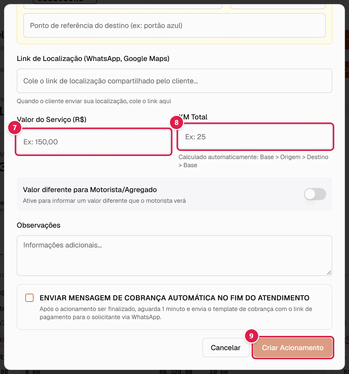 Campos de valor, KM total e botão Criar Acionamento
