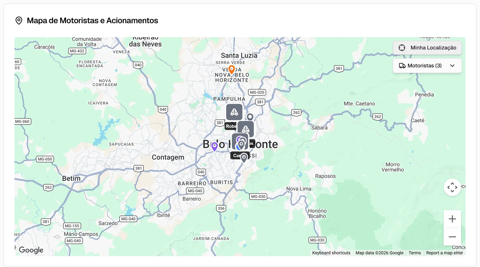 Aba Mapa de Motoristas e Acionamentos