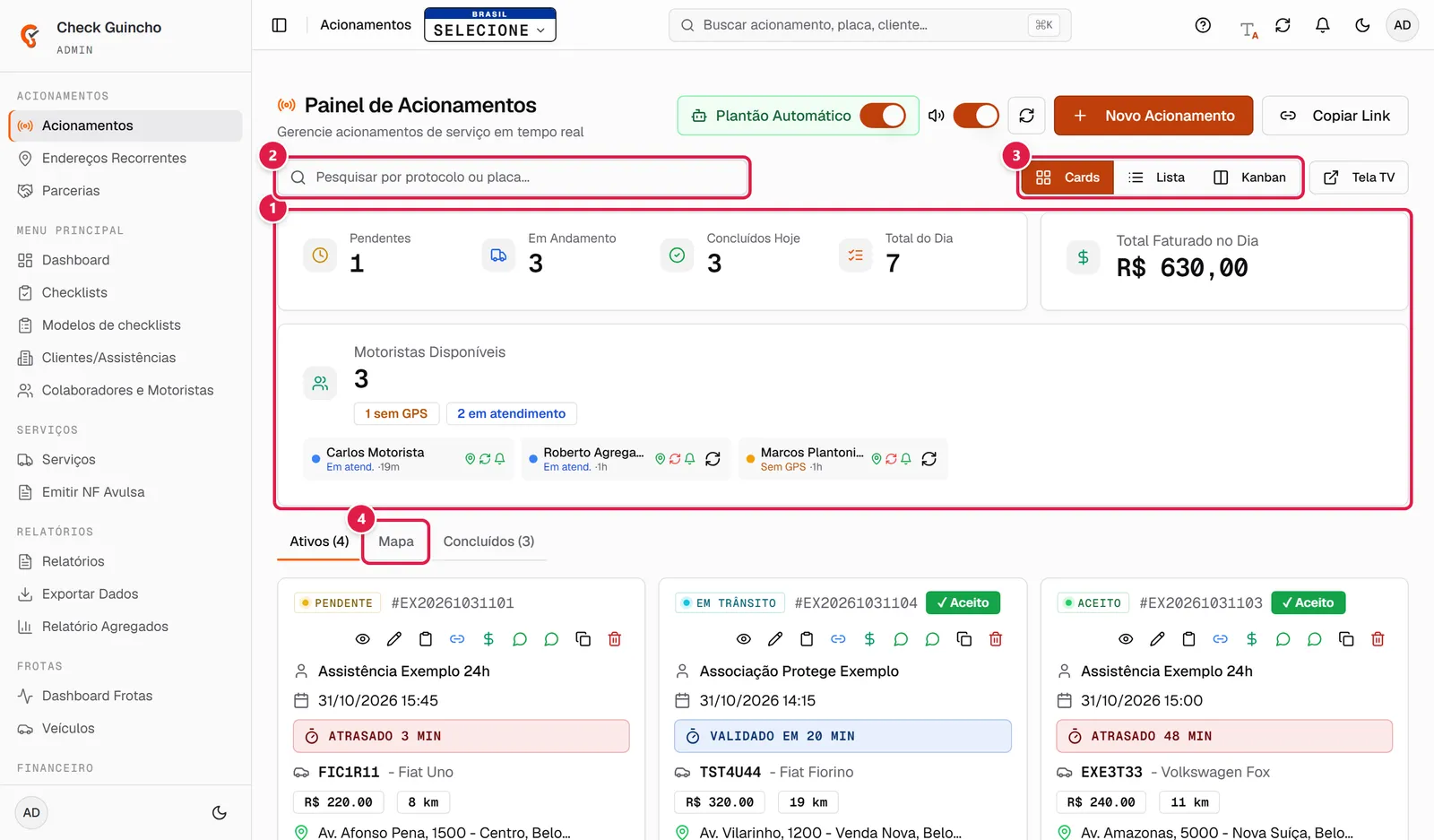 Painel de Acionamentos com indicadores, busca, visões e abas
