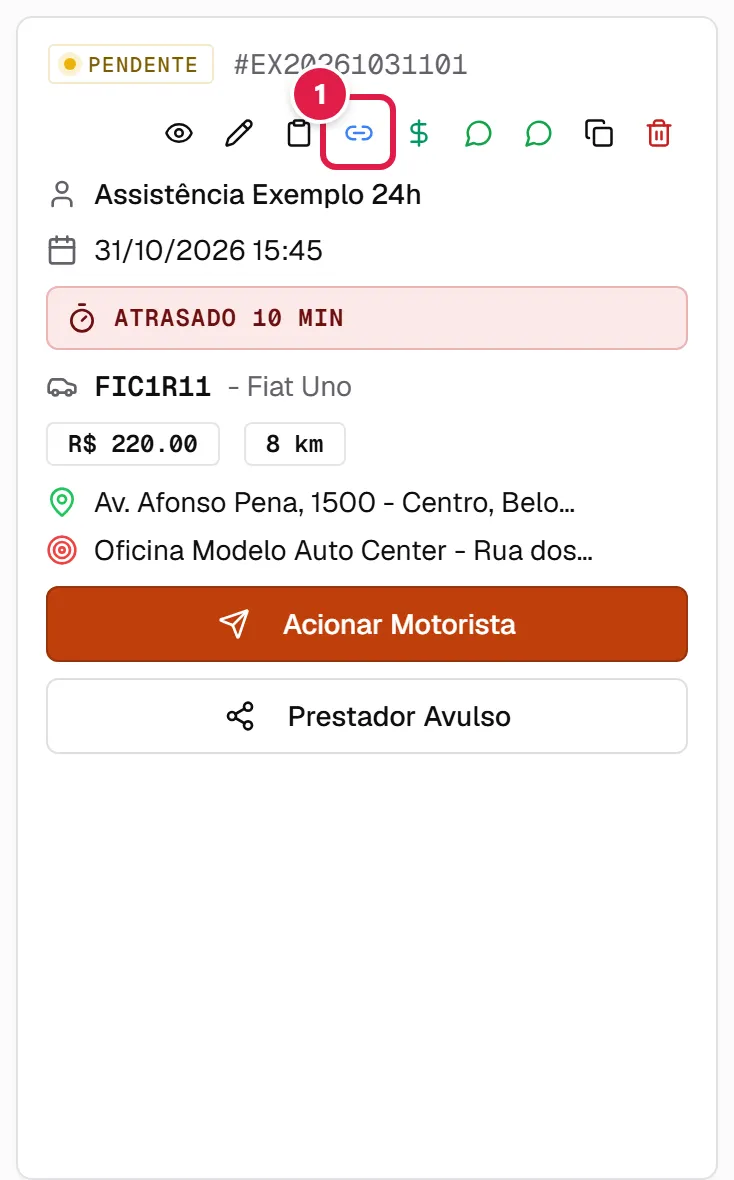 Ícone de copiar link de rastreamento no cartão do acionamento