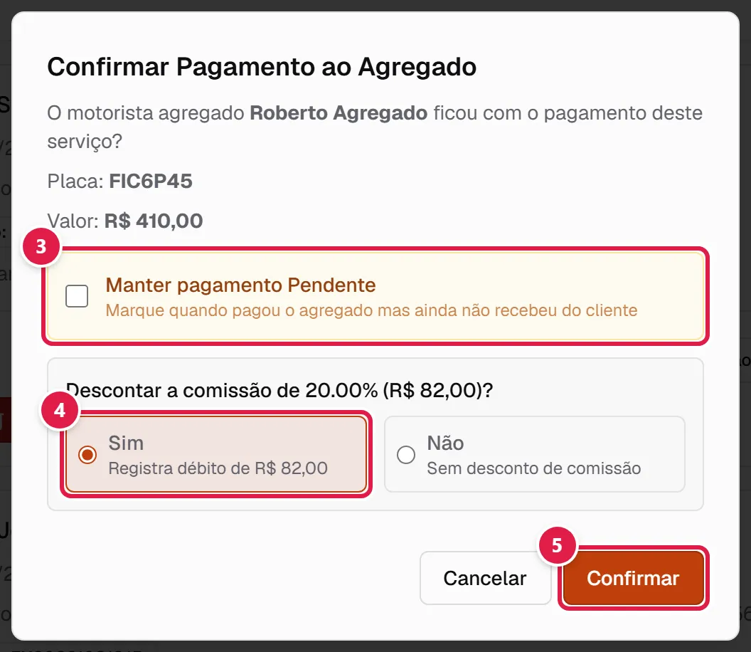 Janela Confirmar Pagamento ao Agregado
