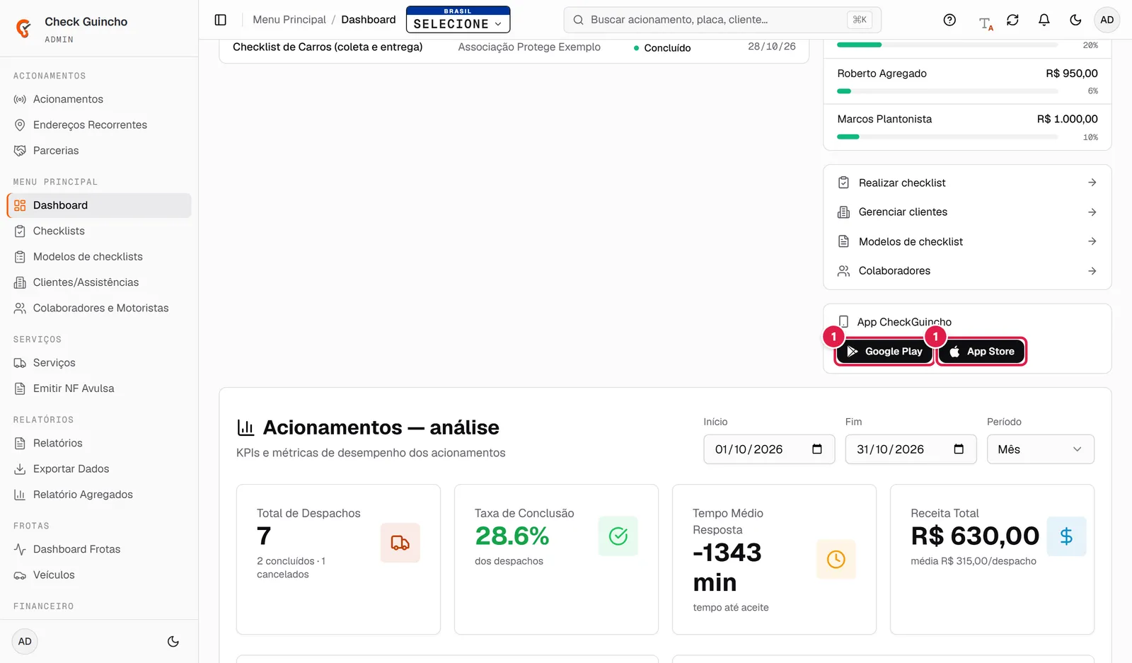Botões Google Play e App Store no Dashboard