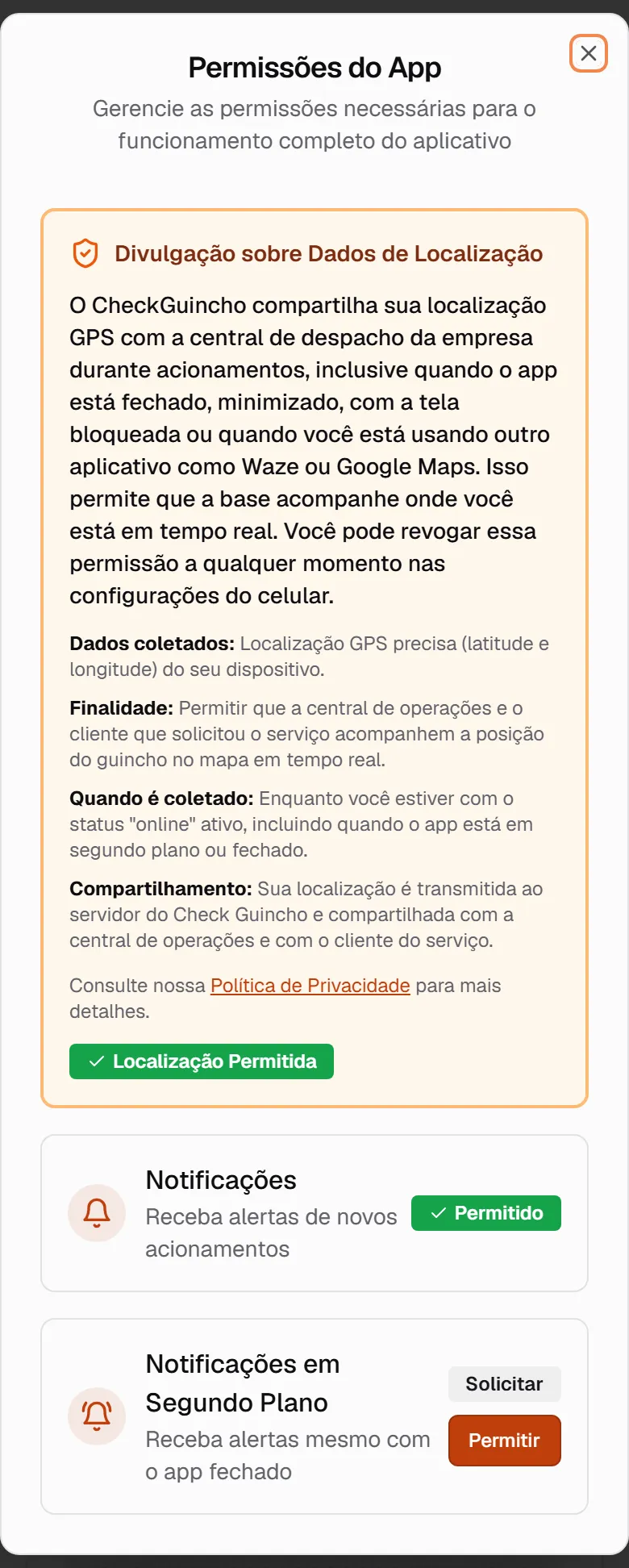 Janela Permissões do App no celular