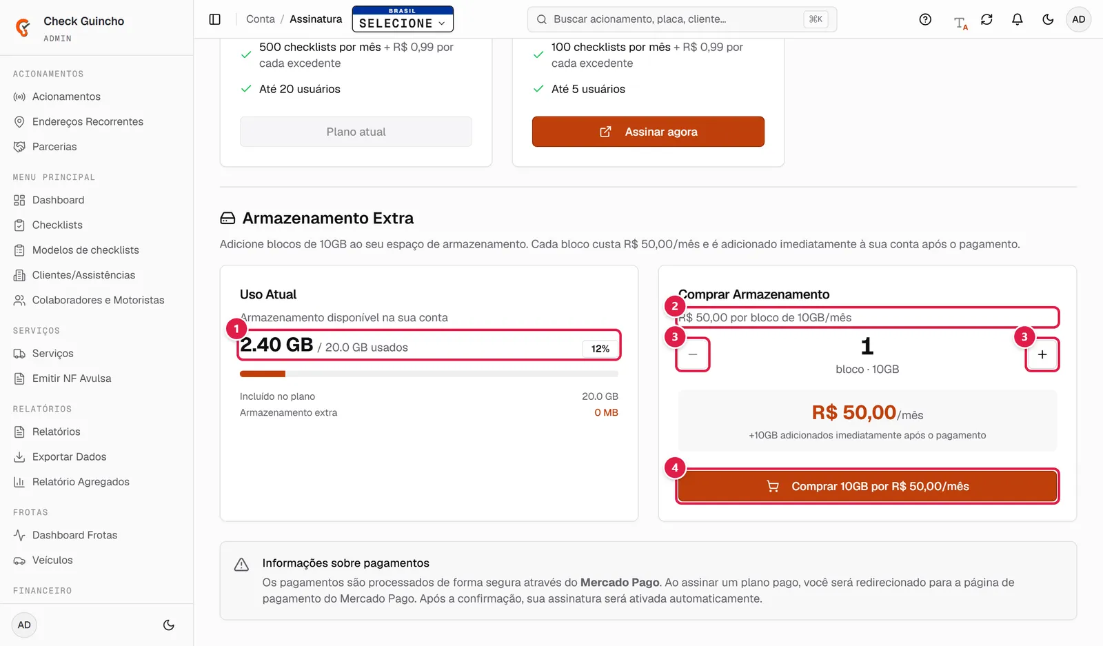 Armazenamento Extra na tela Assinatura