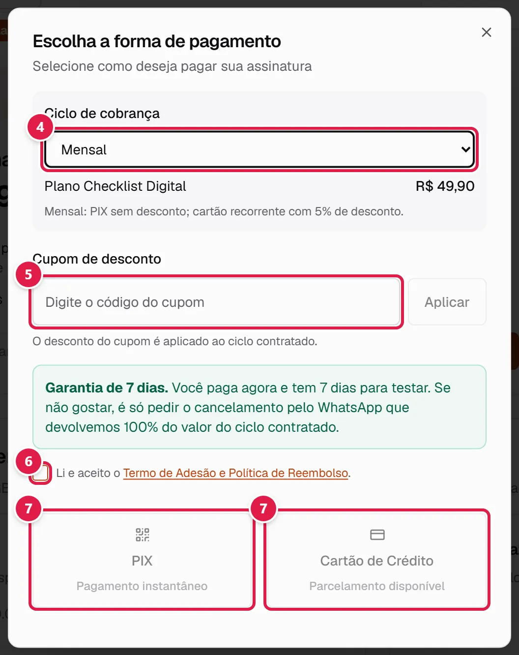 Janela Escolha a forma de pagamento