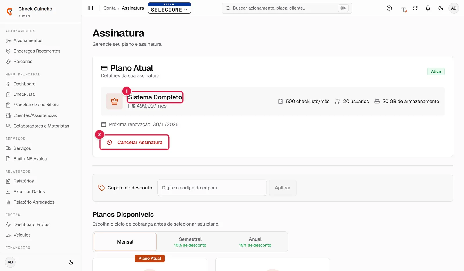 Quadro Plano Atual na tela Assinatura