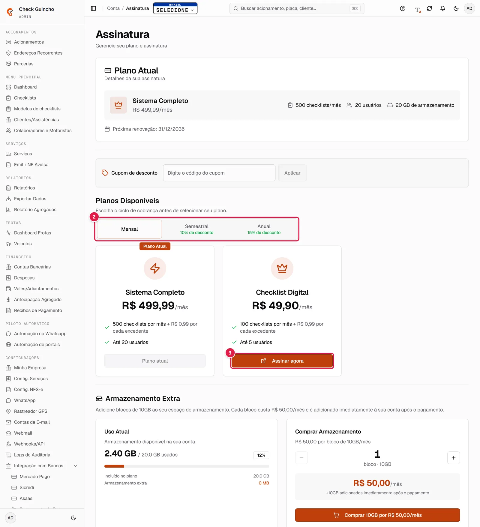Planos disponíveis e ciclos de cobrança
