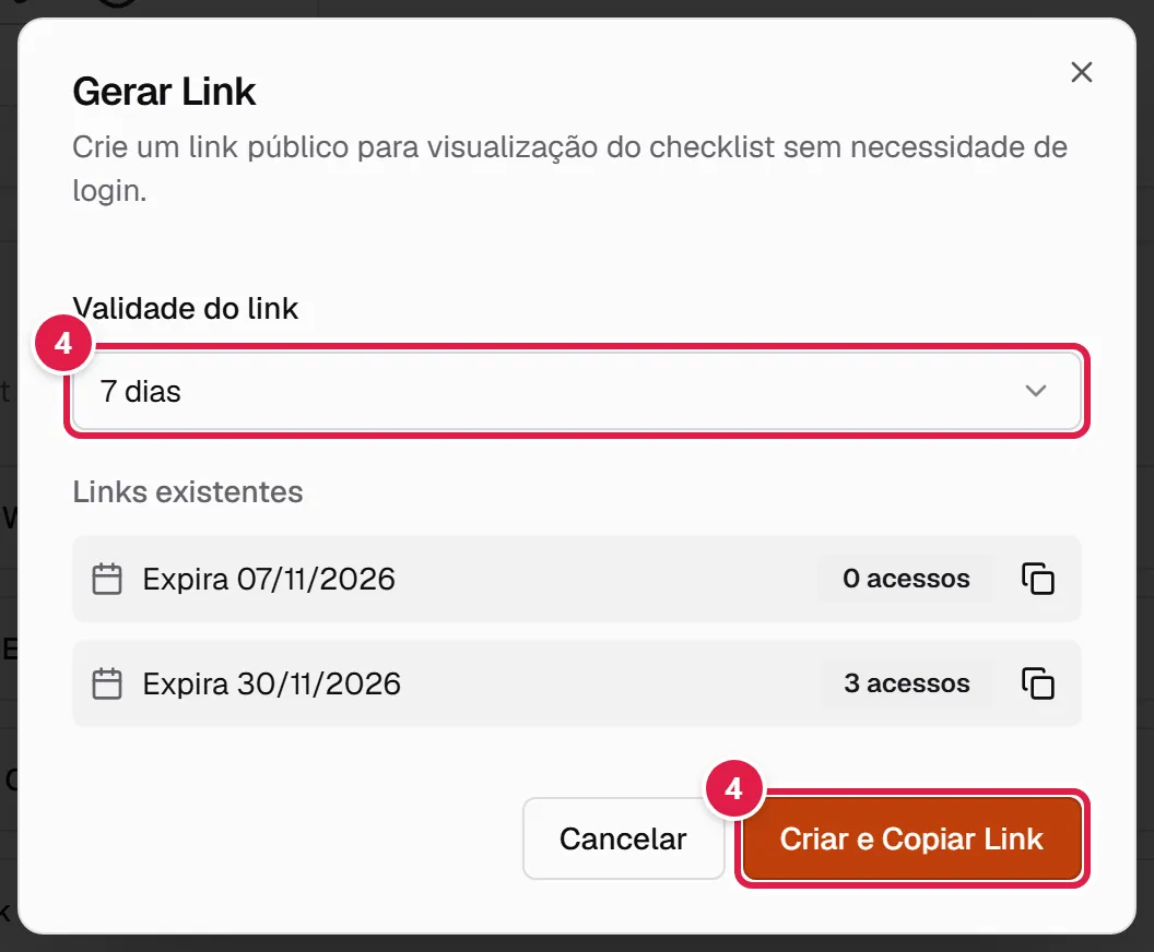Janela para gerar o link com validade