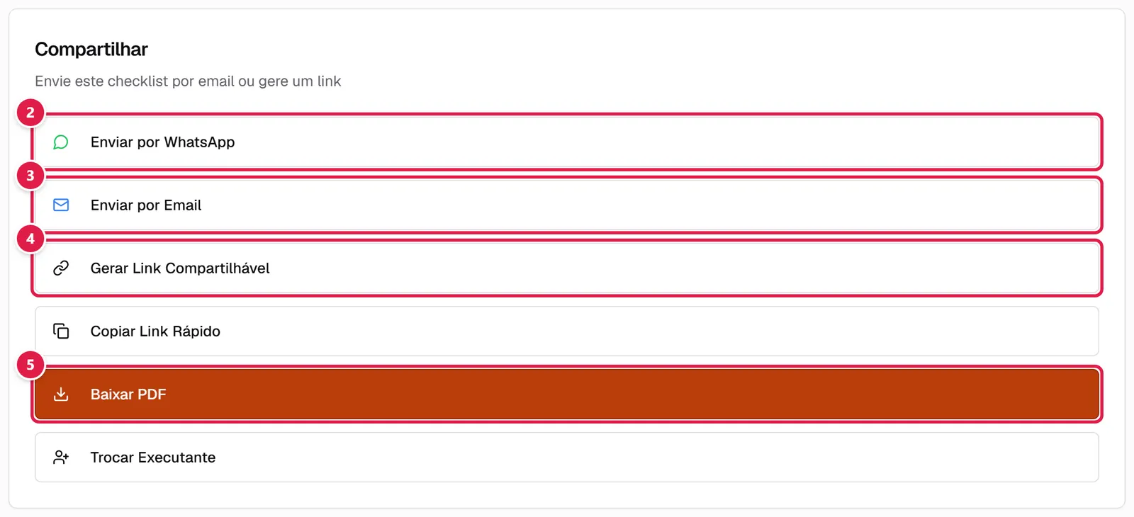 Seção Compartilhar nos detalhes do checklist