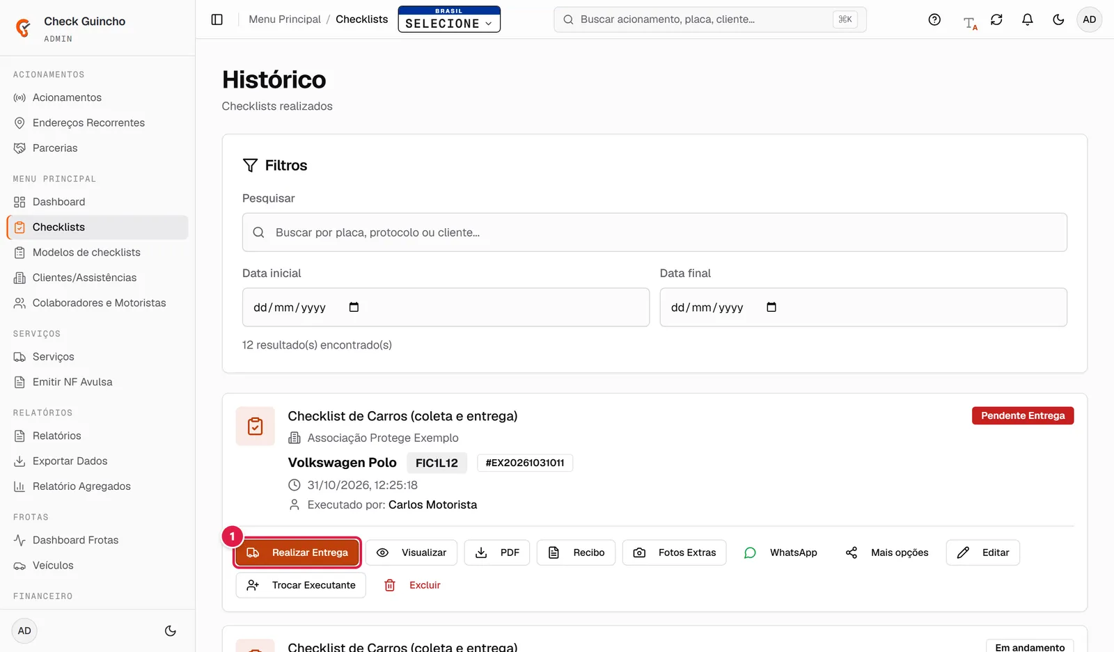 Checklist pendente de entrega no histórico