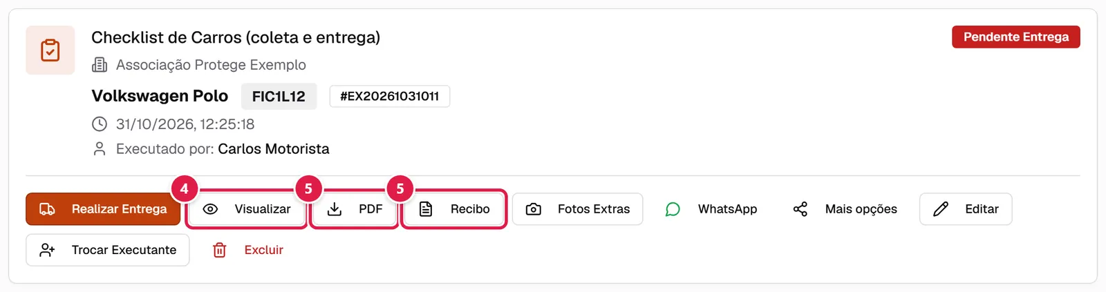 Cartão de um checklist com as ações