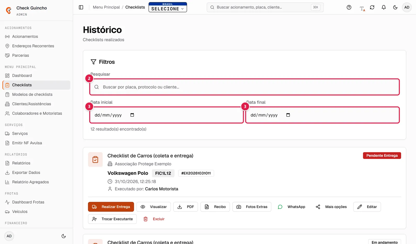 Filtros do histórico de checklists