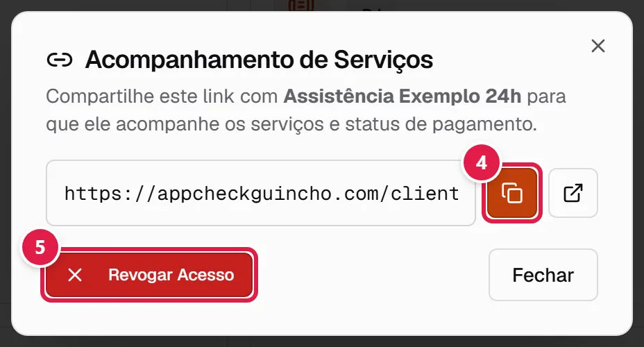 Janela Acompanhamento de Serviços com o link do cliente