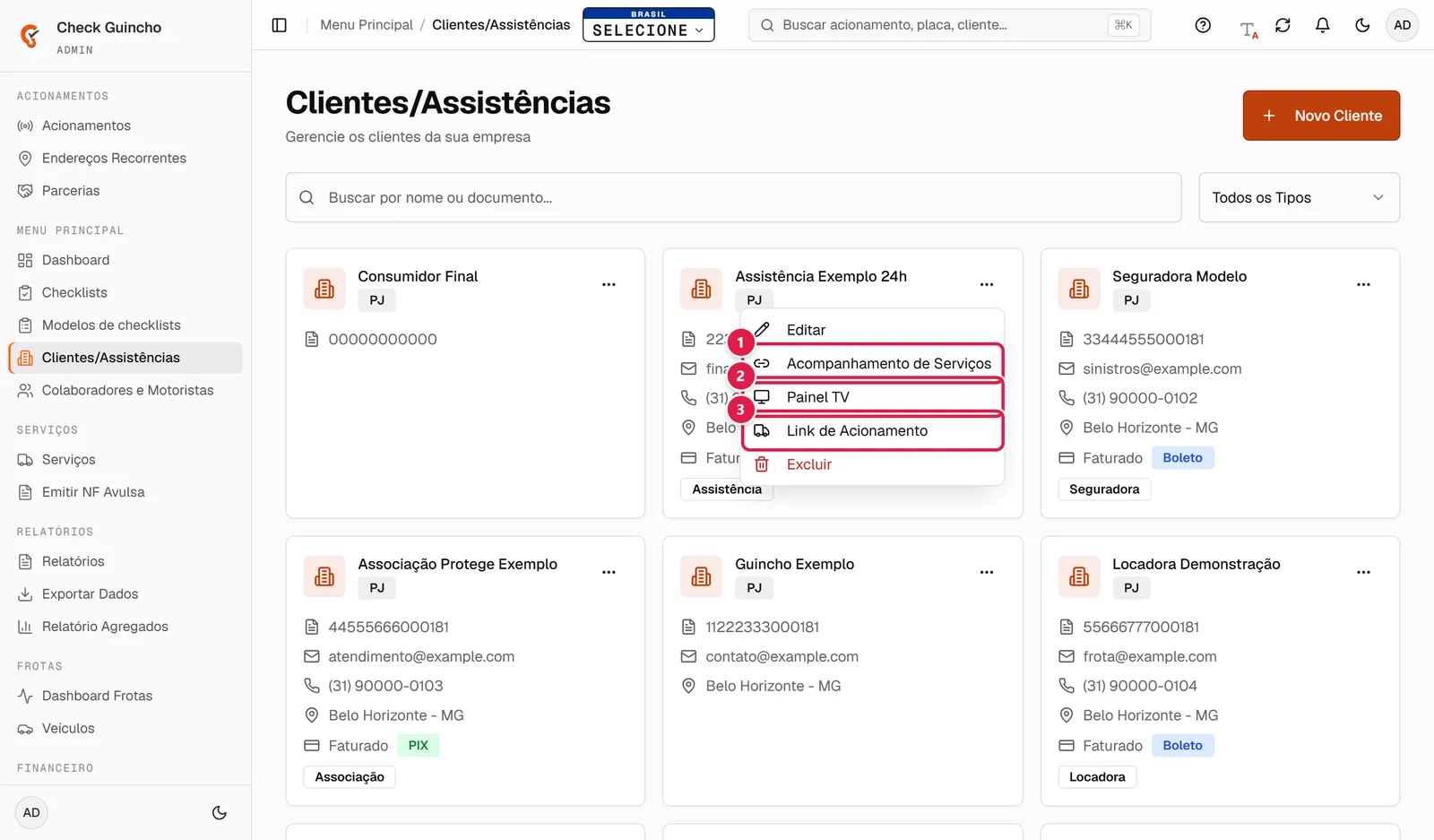 Menu do cliente com os links