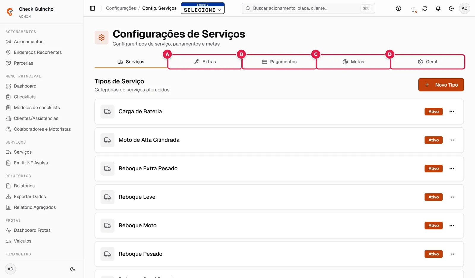 Abas de Config. Serviços