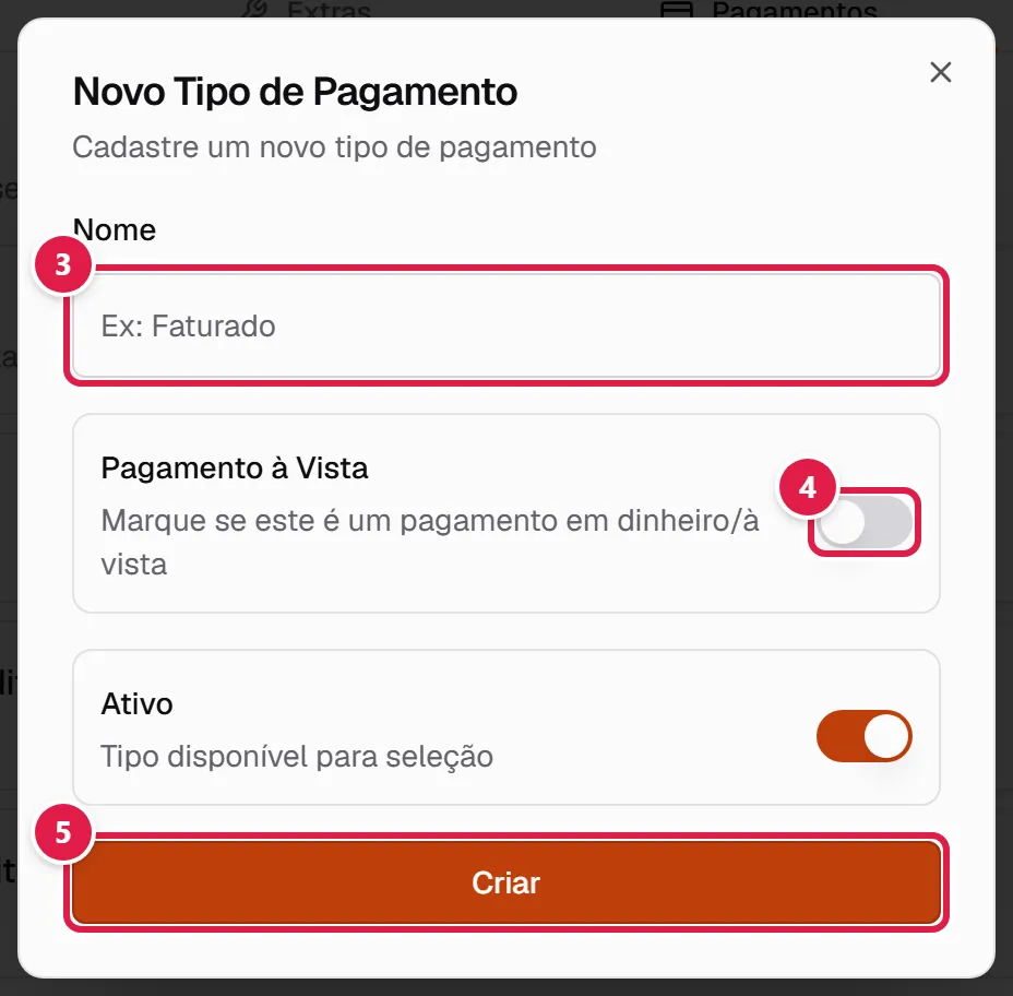 Janela Novo Tipo de Pagamento