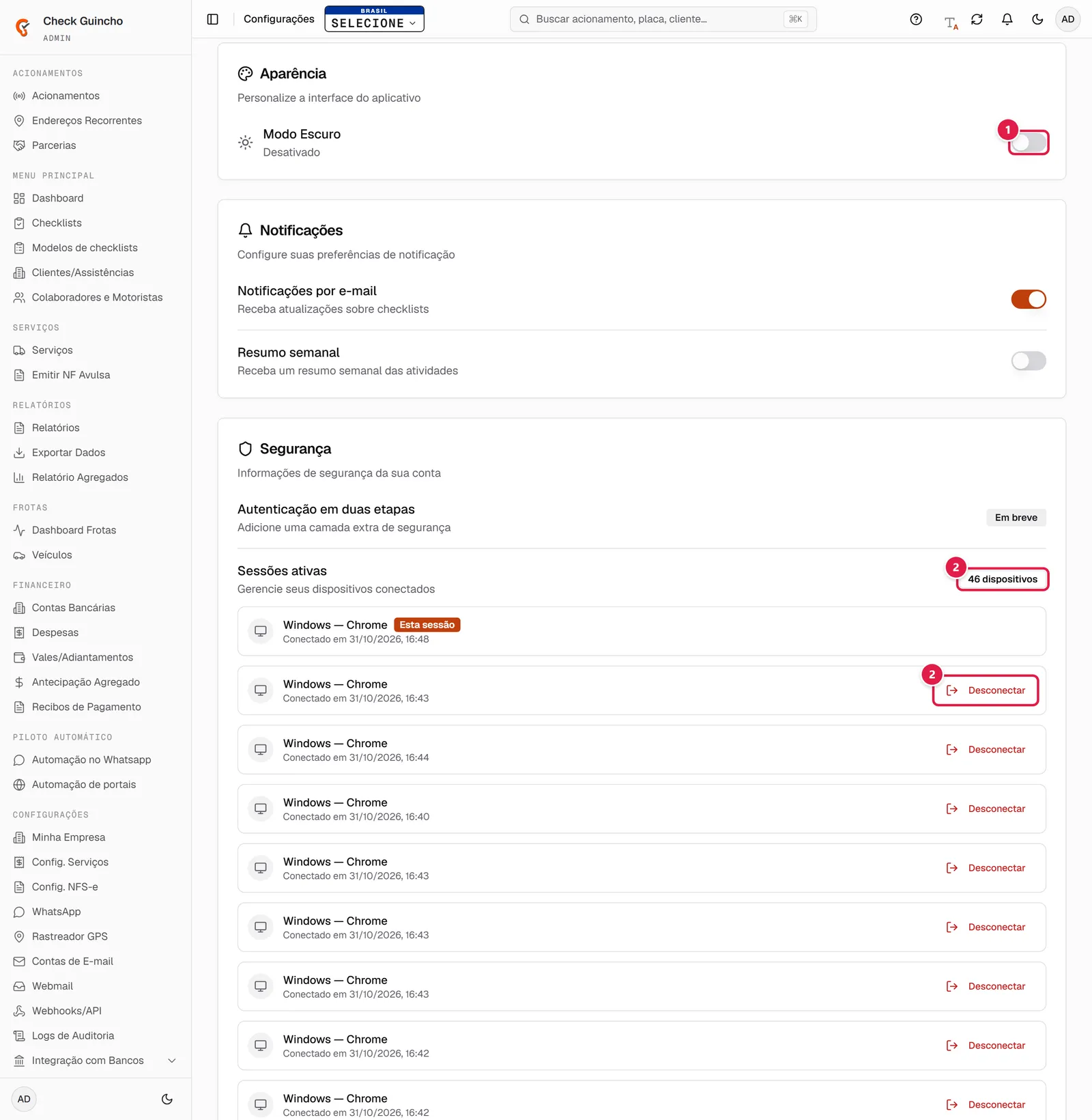 Configurações com o modo escuro e as sessões ativas
