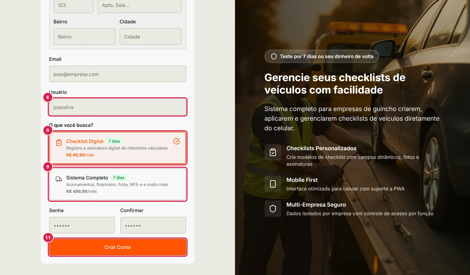 Escolha do que você busca e botão Criar Conta