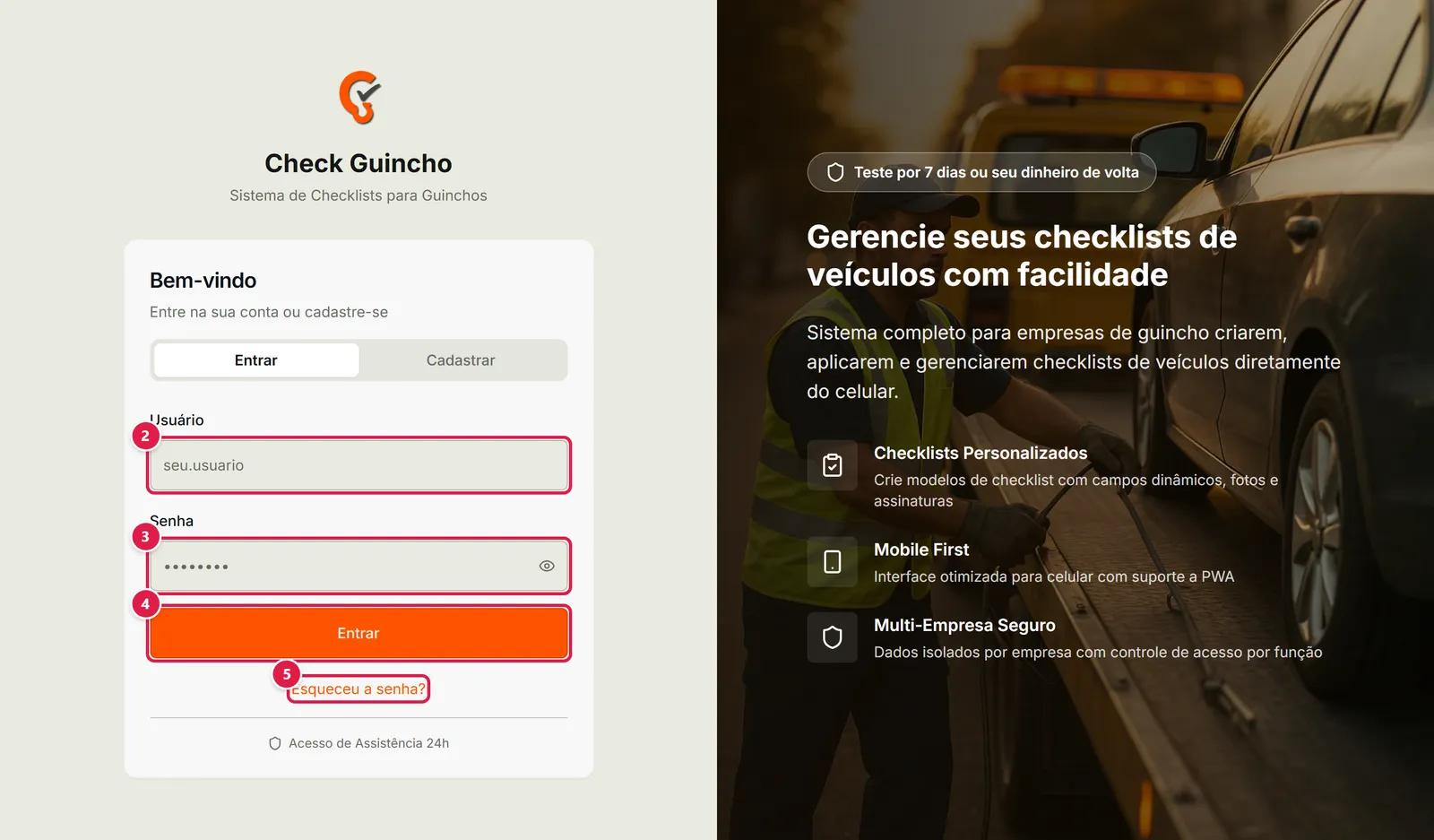 Tela de login do CheckGuincho