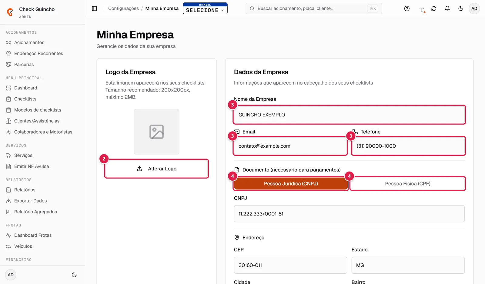 Logo e dados da empresa em Minha Empresa