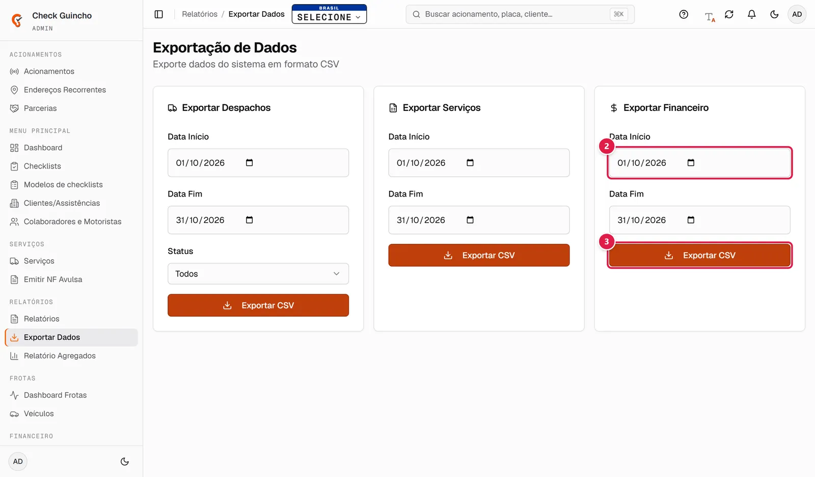 Tela de exportação de dados