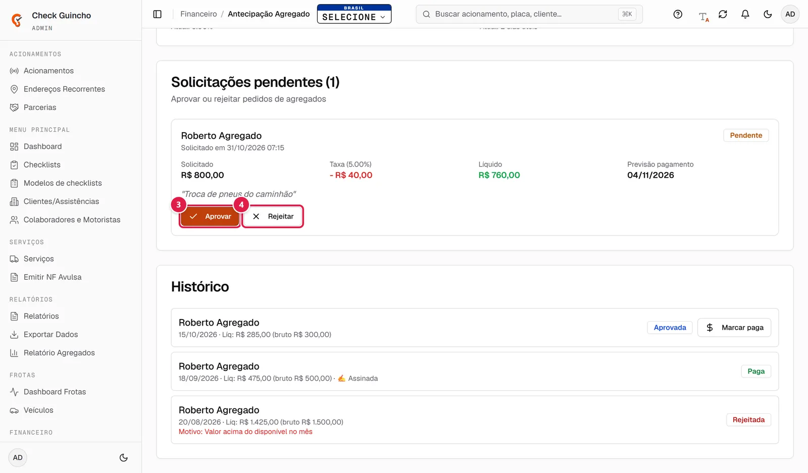 Solicitação pendente e histórico de antecipações