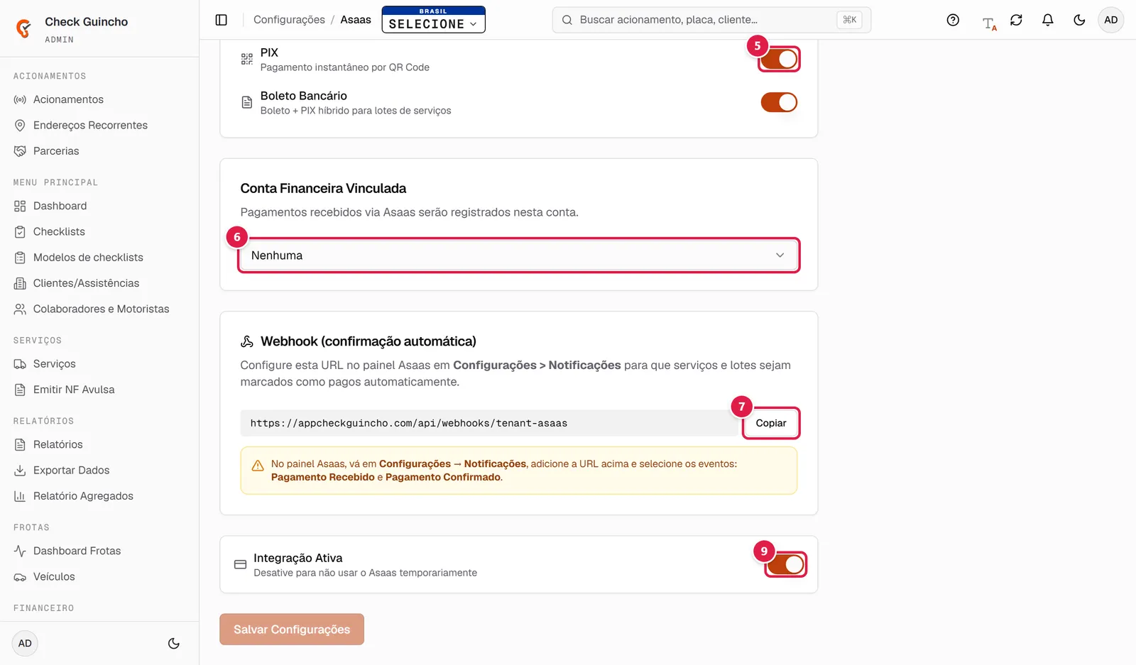 Conta vinculada, webhook e ativação