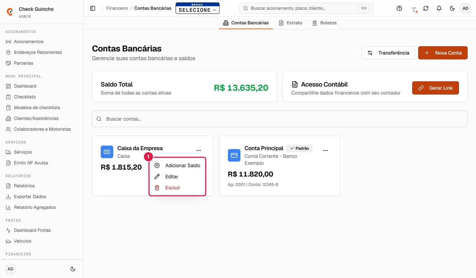 Menu de ações de uma conta