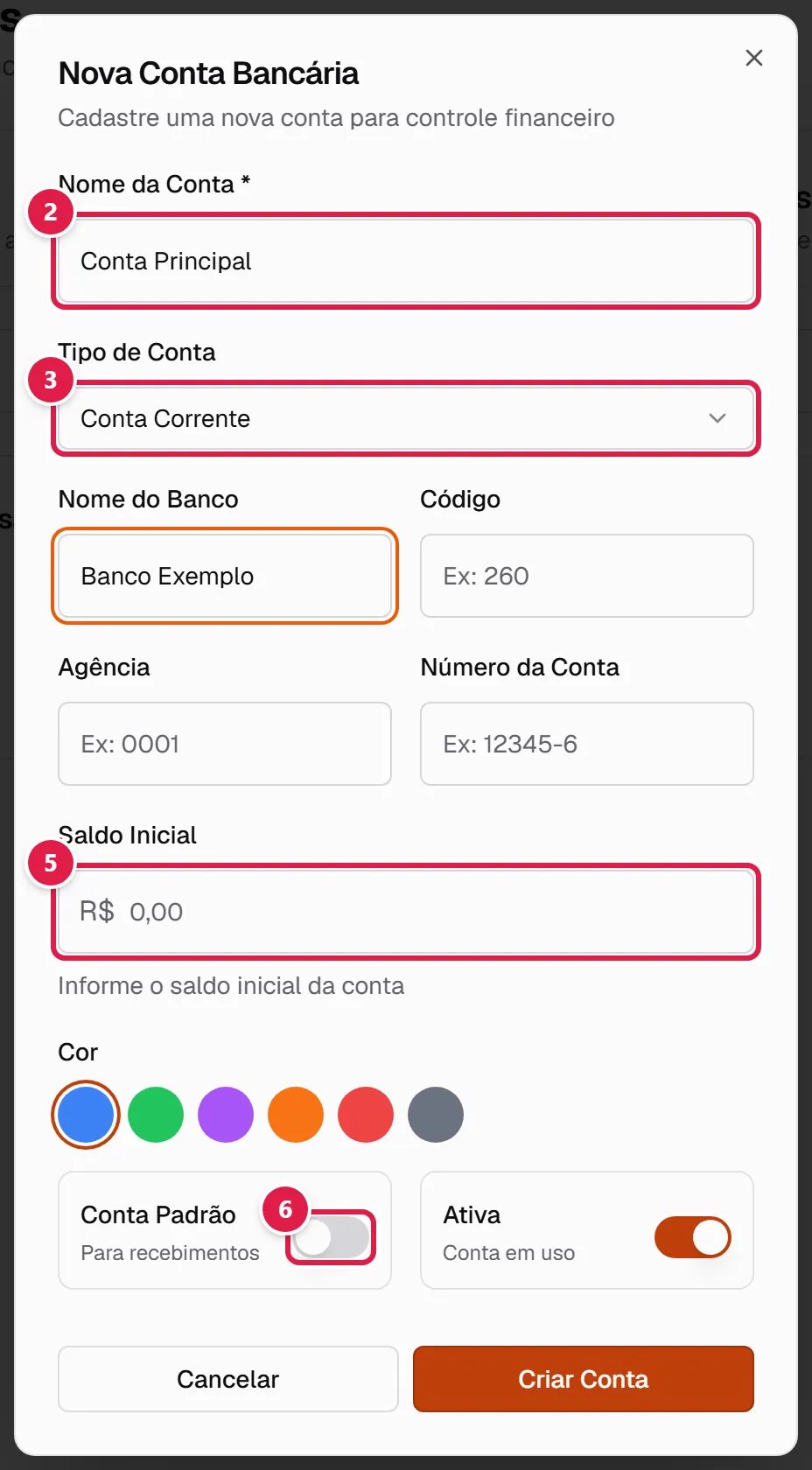 Formulário de nova conta bancária