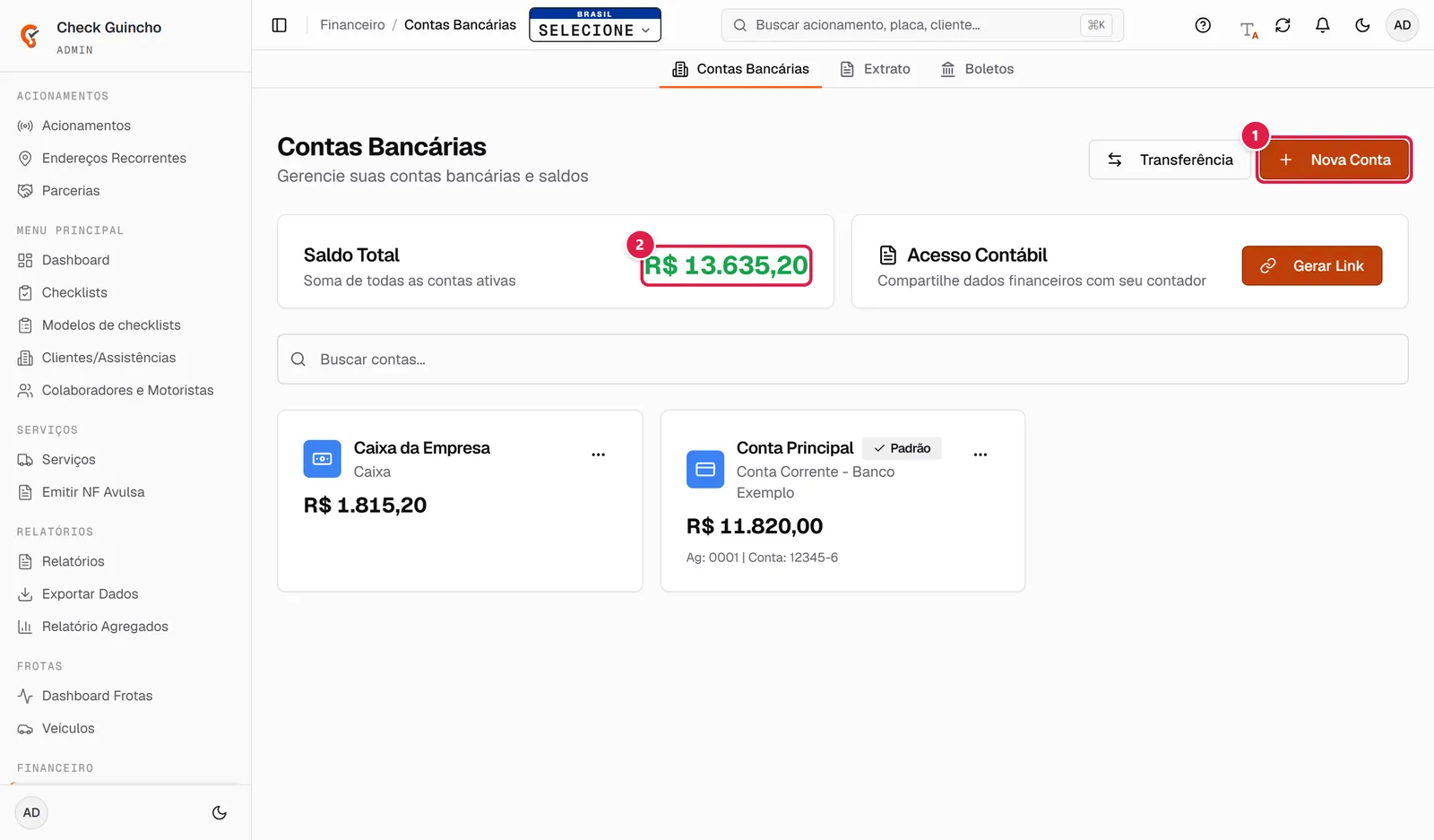 Tela de contas bancárias com o saldo total