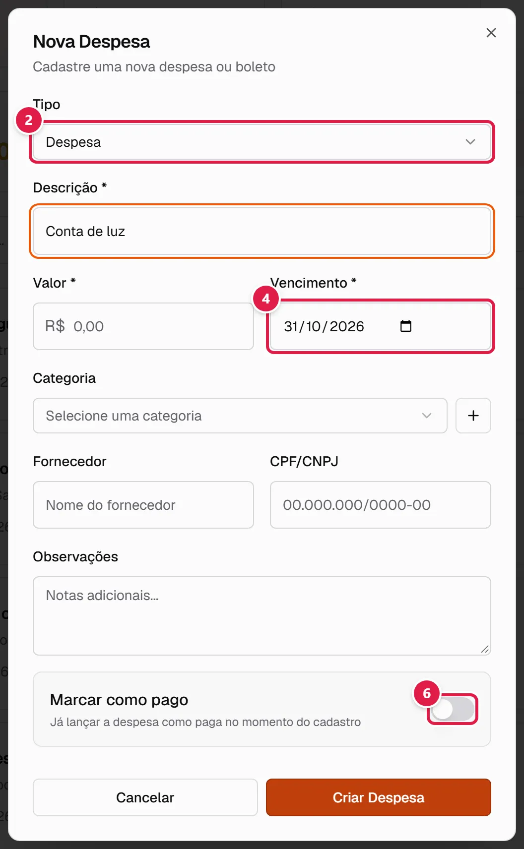 Formulário de nova despesa
