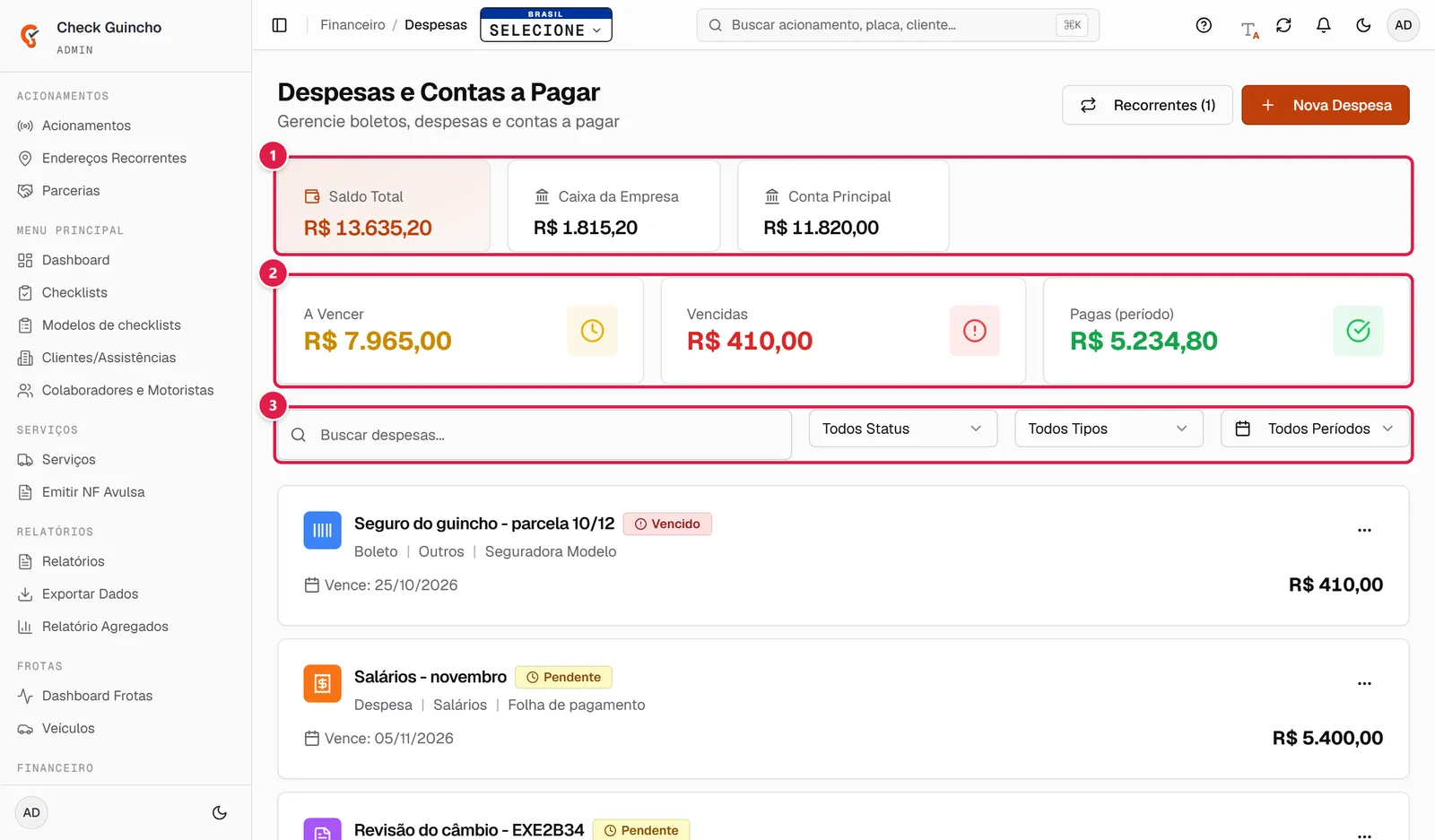 Tela de despesas com totais e filtros