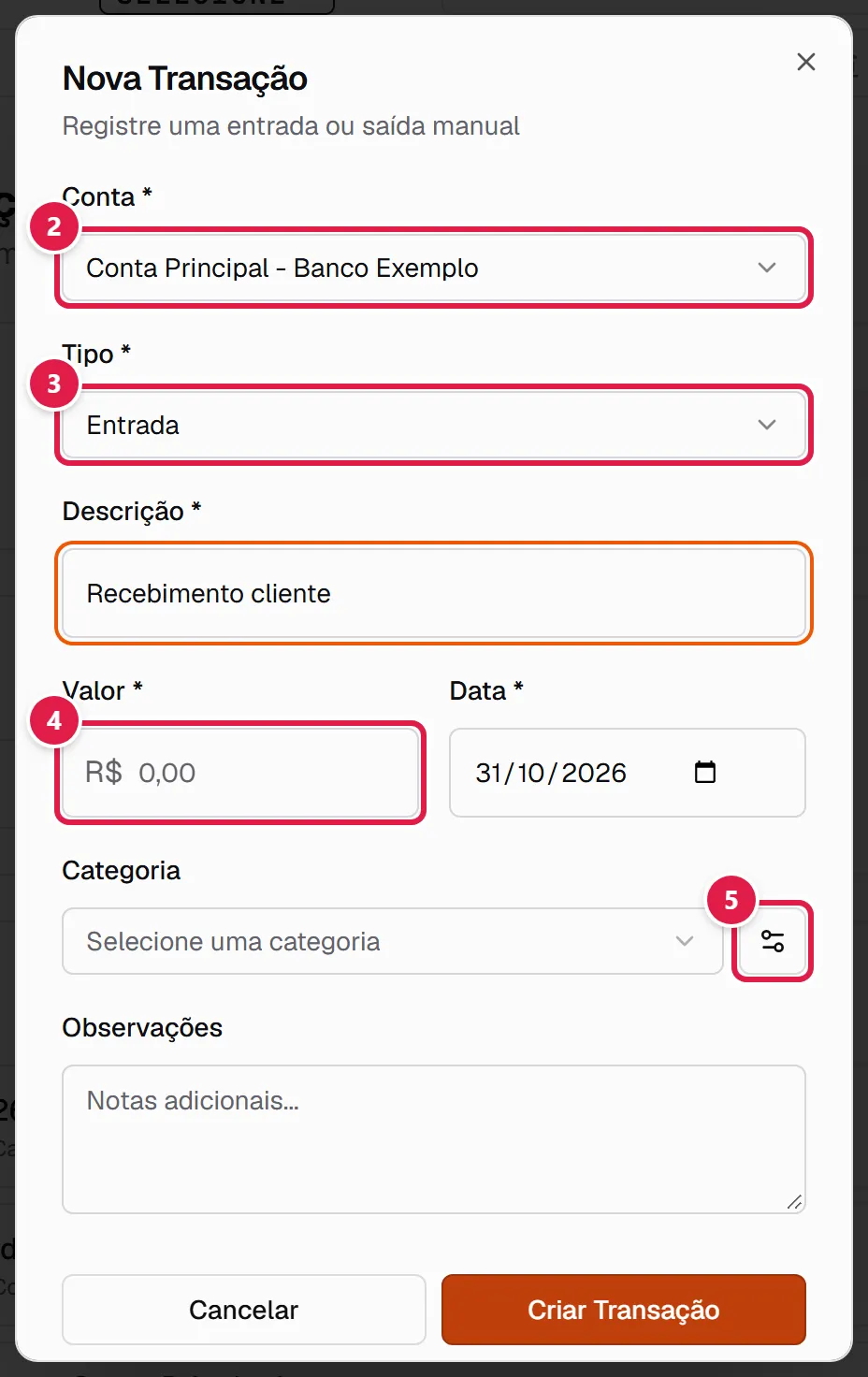 Formulário de nova transação