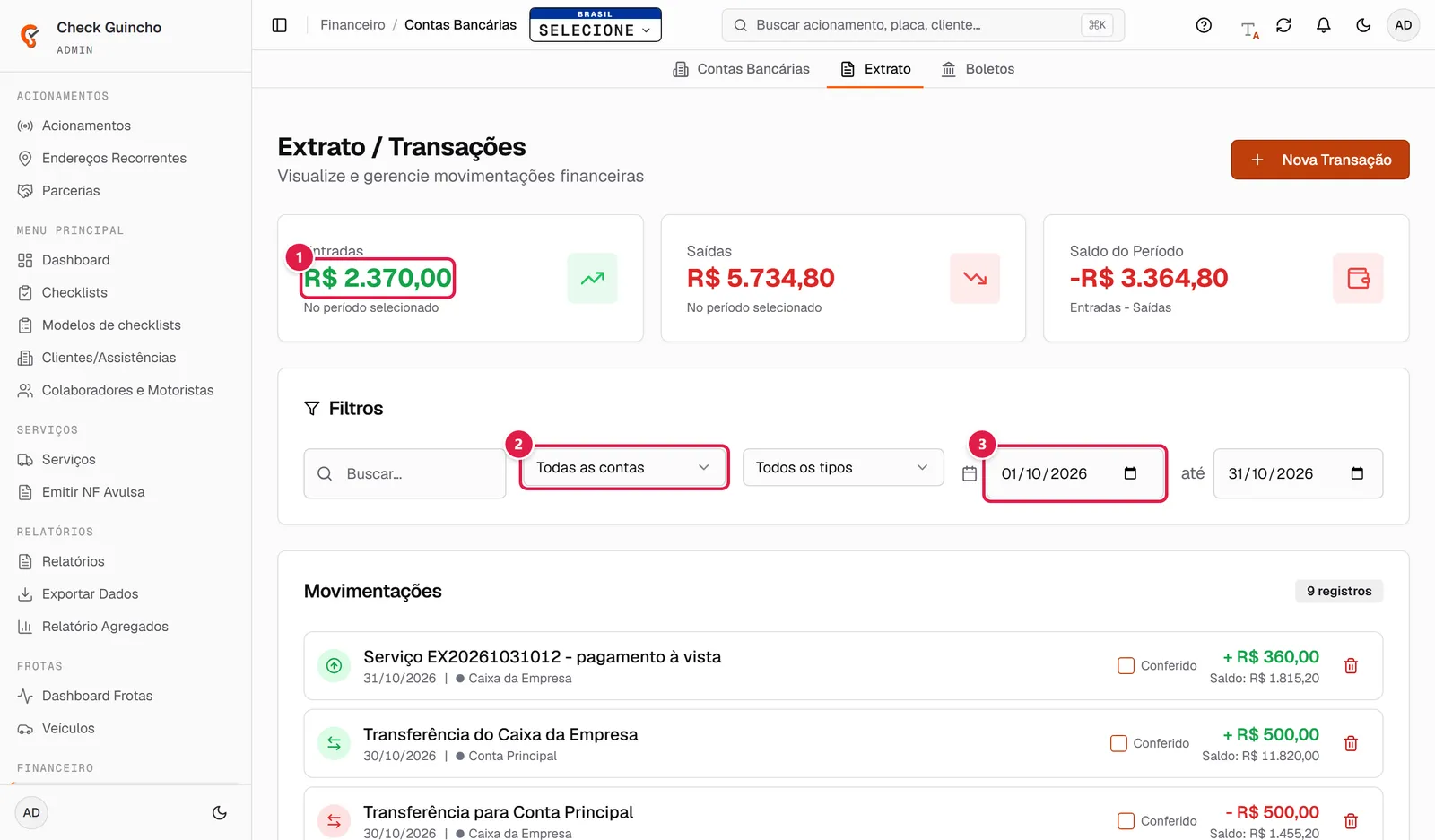 Extrato com os totais e os filtros