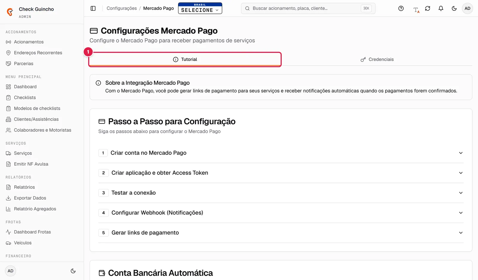 Aba Tutorial do Mercado Pago