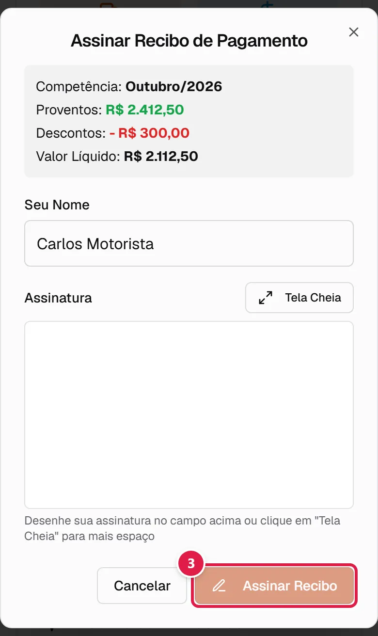 Assinatura do recibo pelo motorista