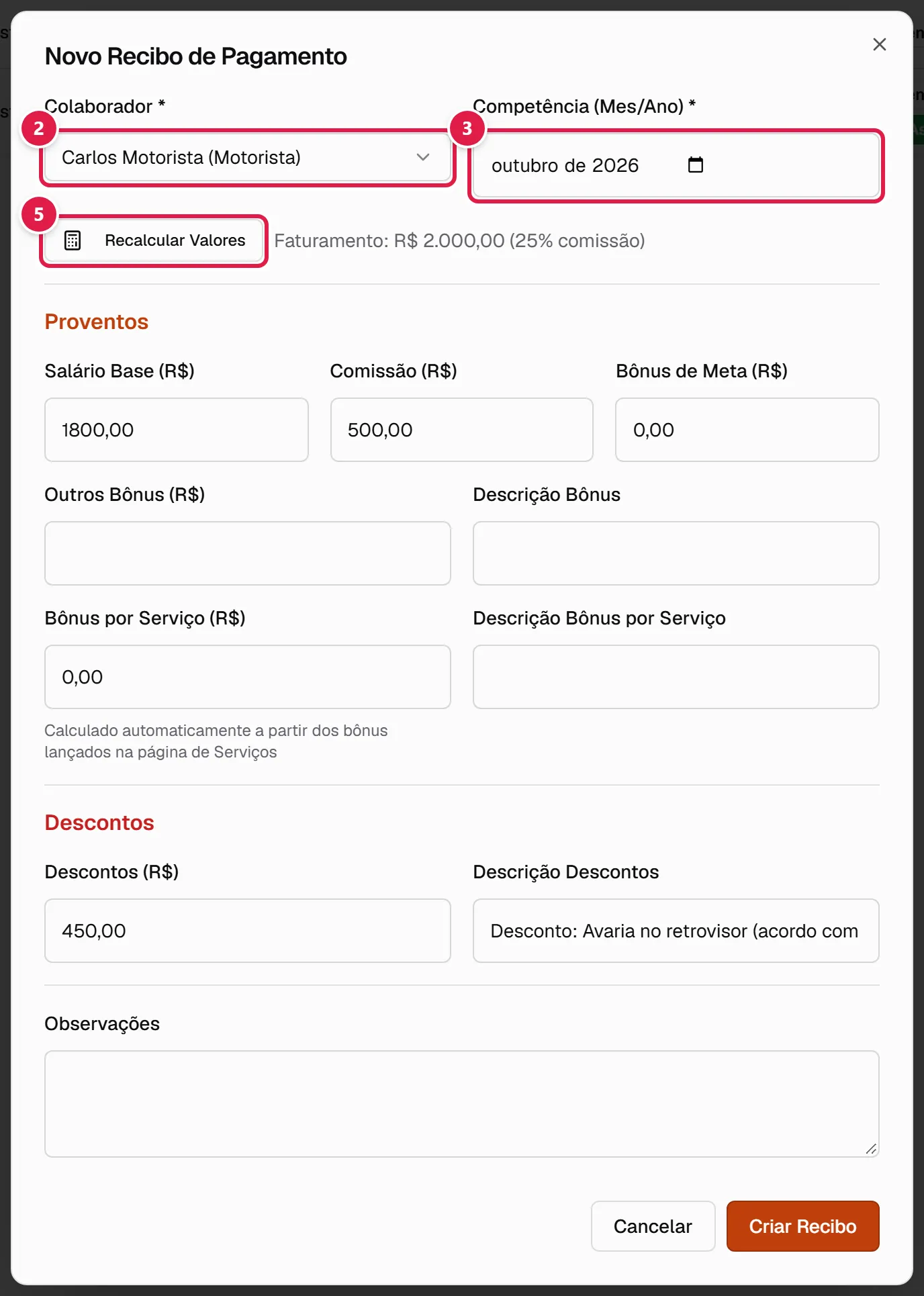 Formulário de novo recibo