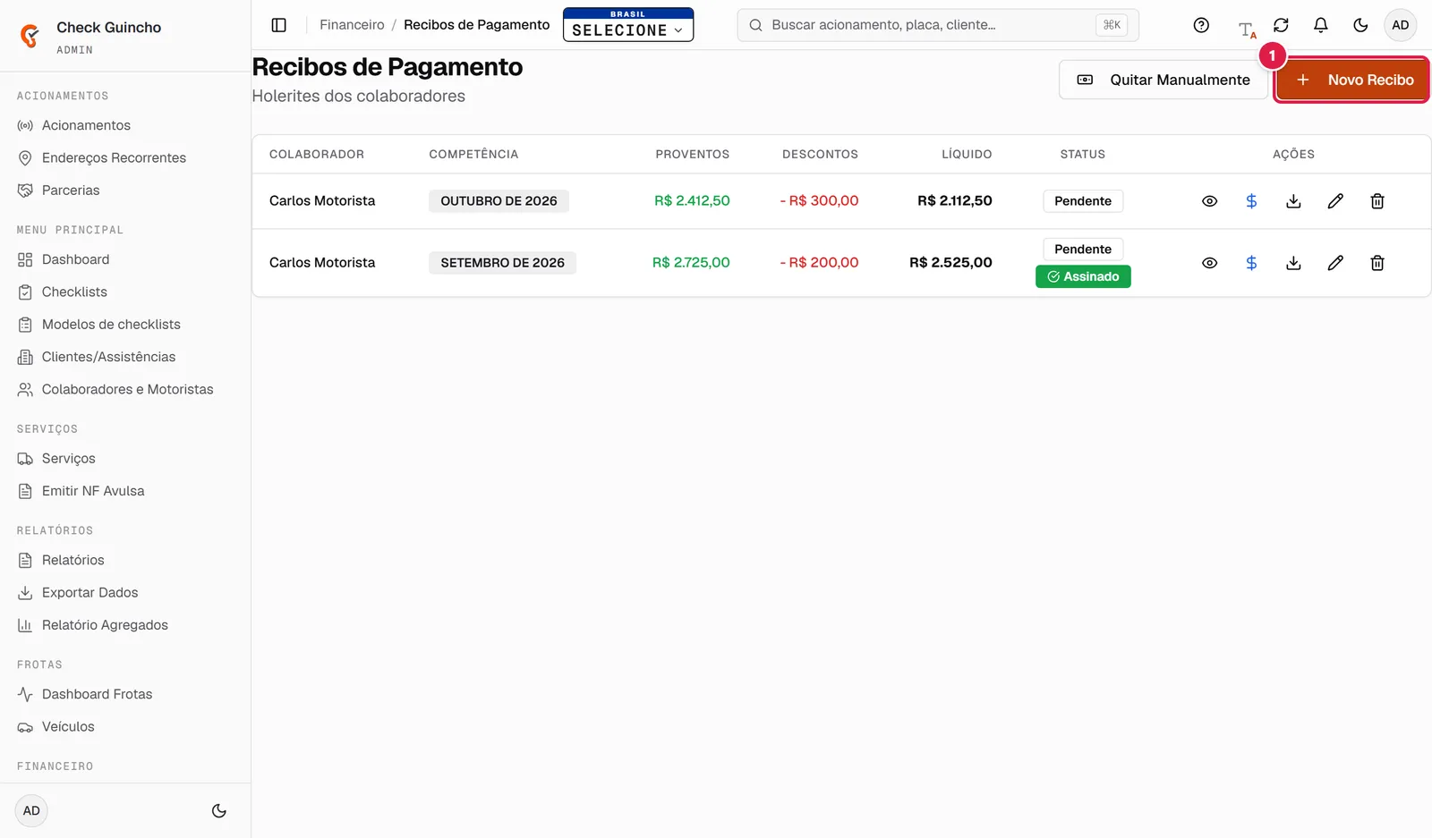 Lista de recibos de pagamento