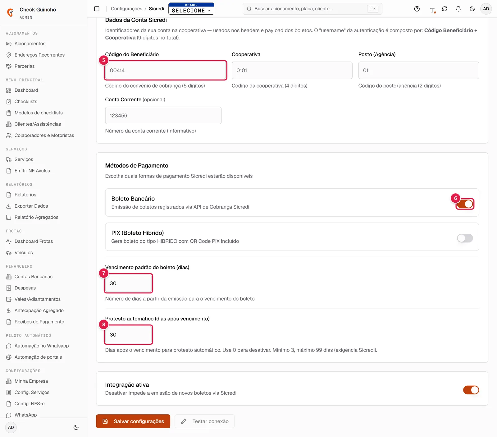 Dados da conta e métodos de pagamento