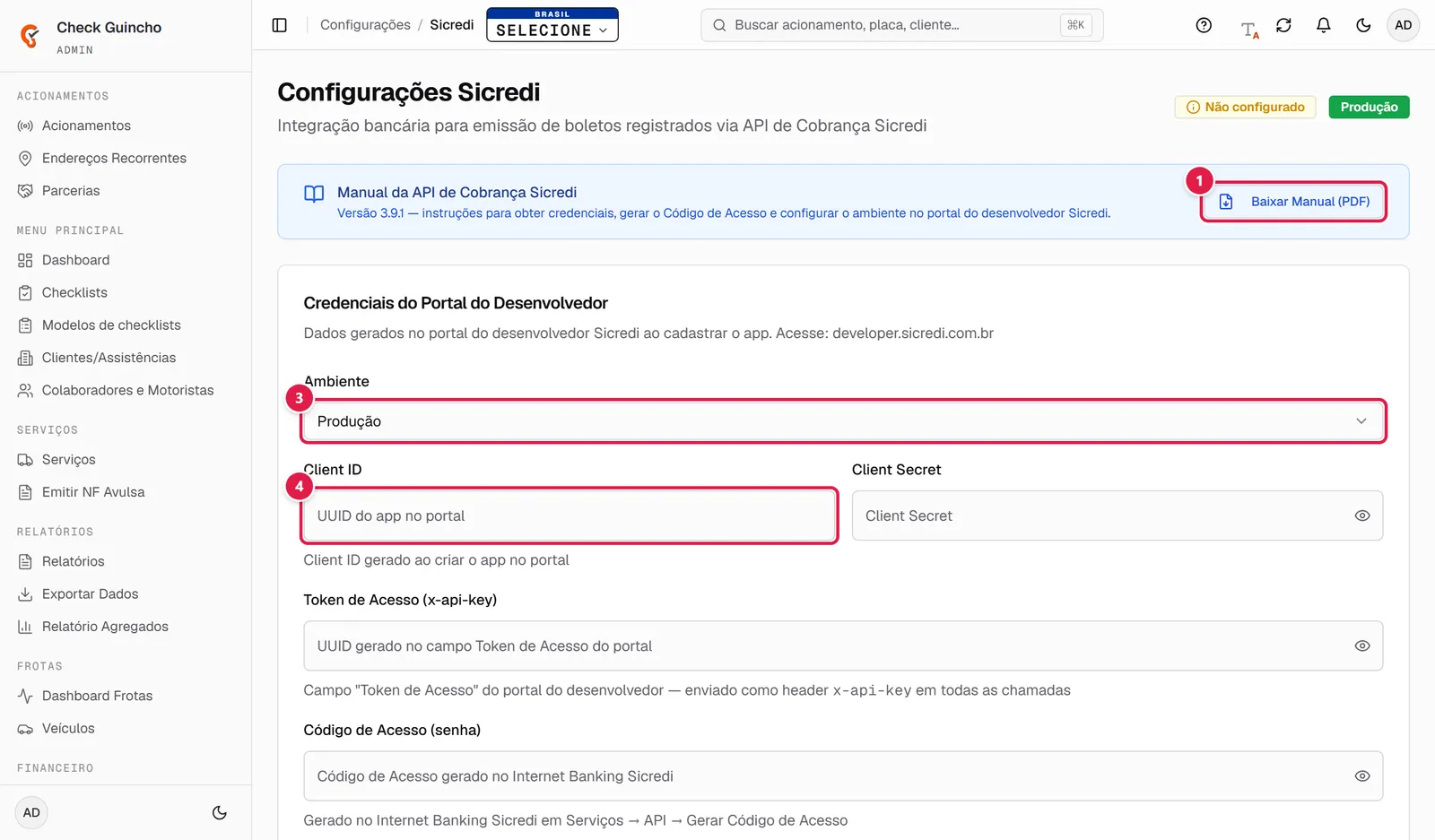 Tela de configuração do Sicredi