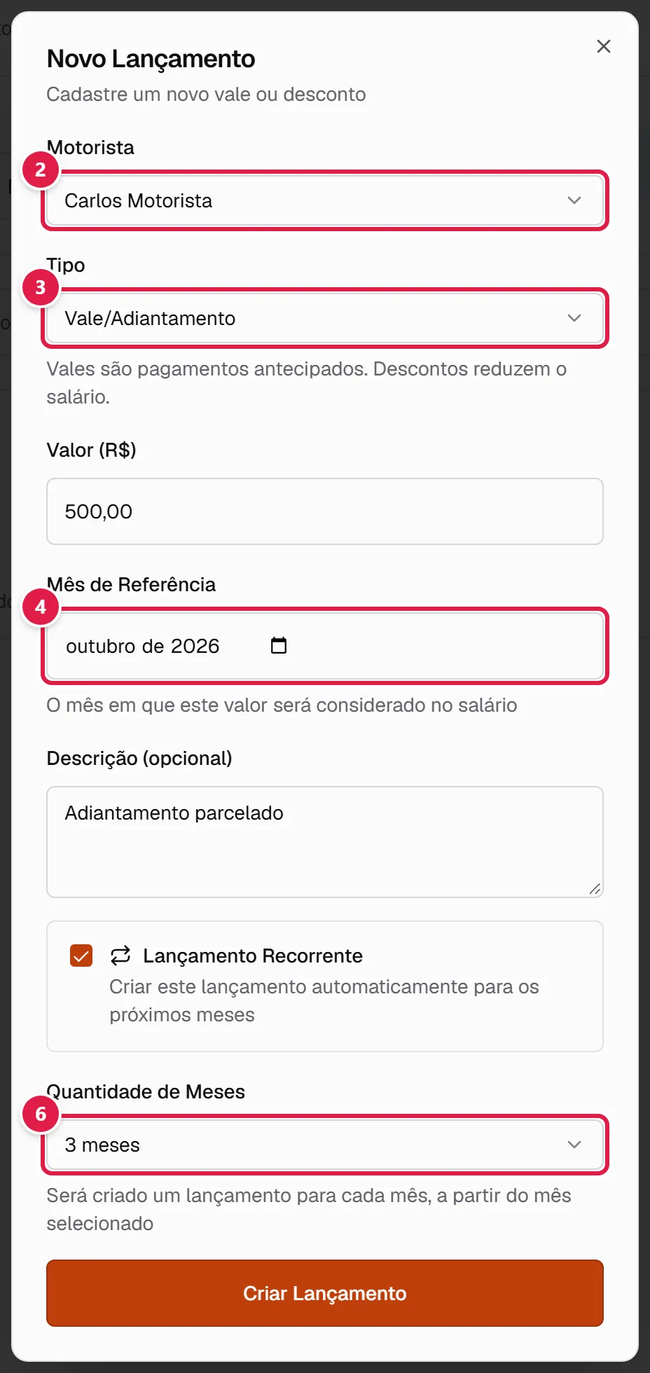 Formulário de novo lançamento com recorrência