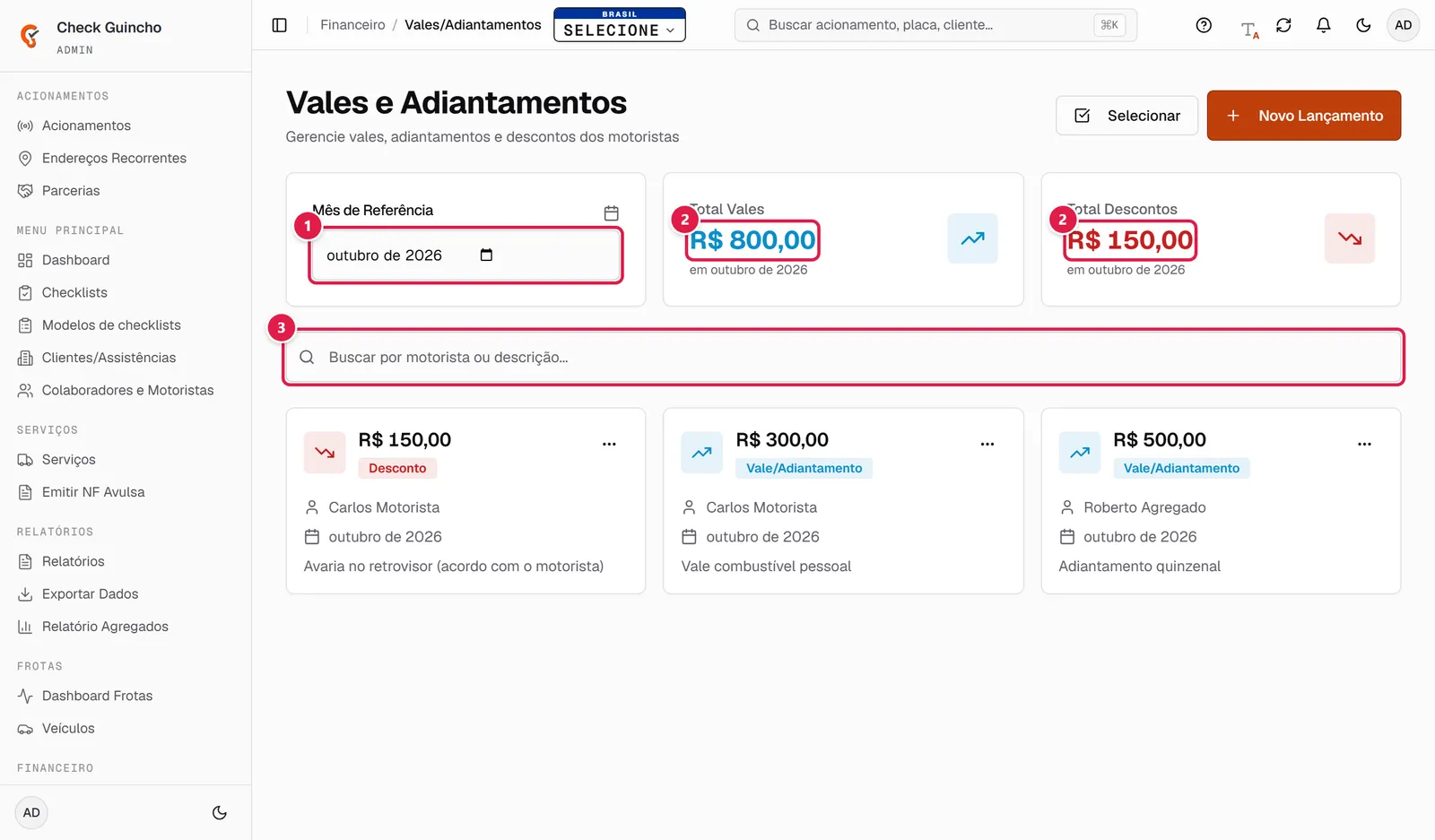 Lista de vales com filtro por mês