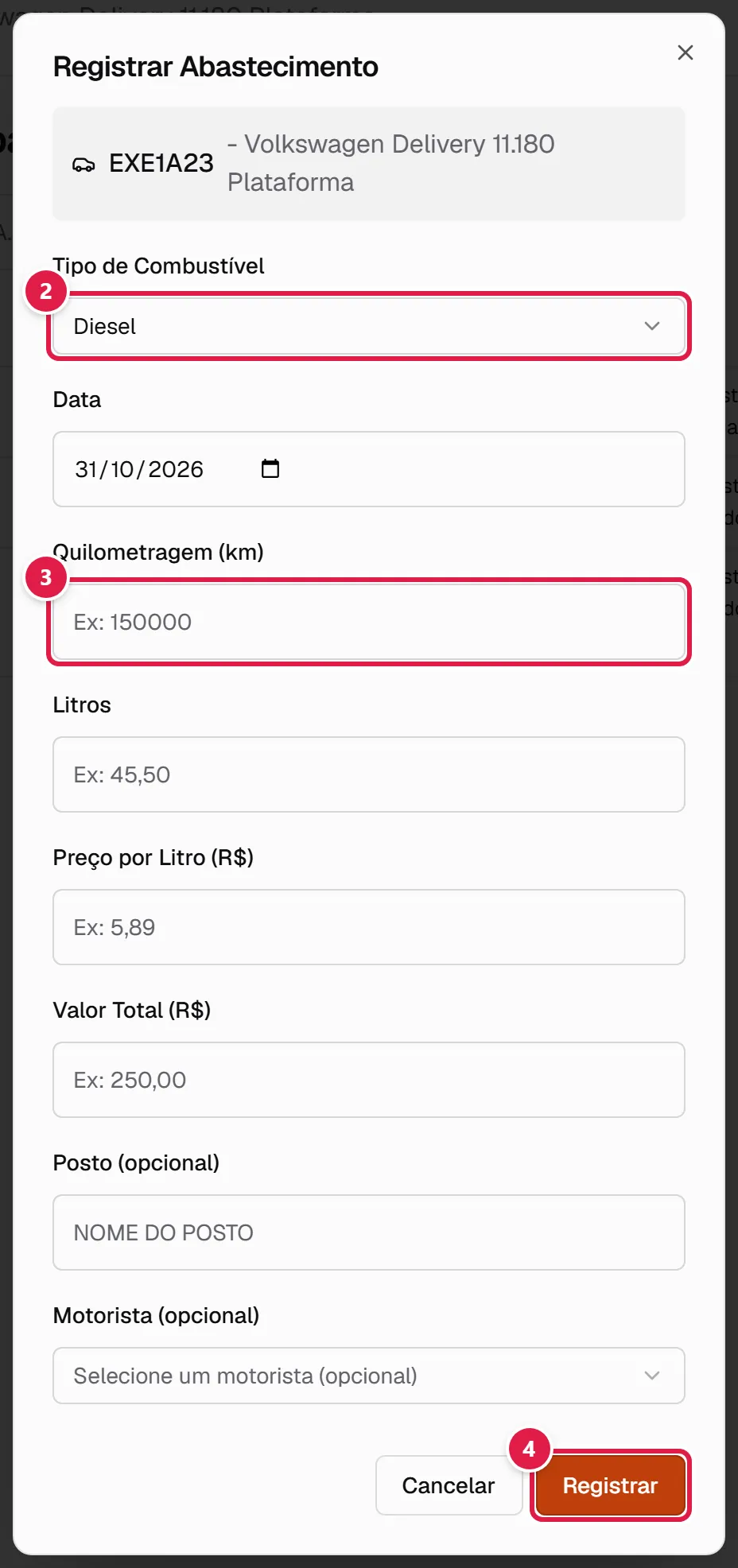 Janela Registrar Abastecimento